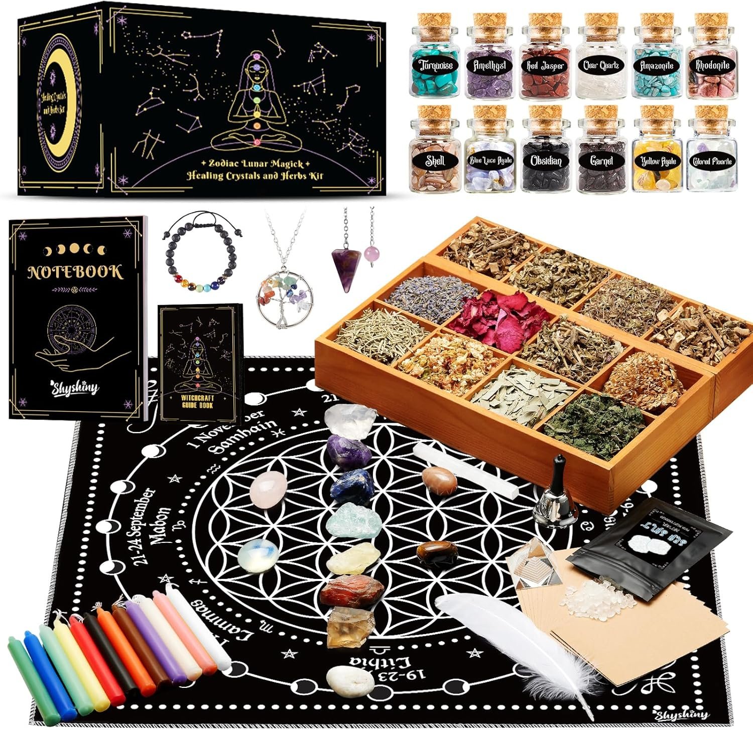 Witchcraft Supplies Kit, 80Pack Witch Starter Kit Wiccan Supplies and Tools Witchy Gifts for Beginners, Spell Candles, Chakra Healing Crystals and Dried Herbs for Zodiac and Lunar Magick