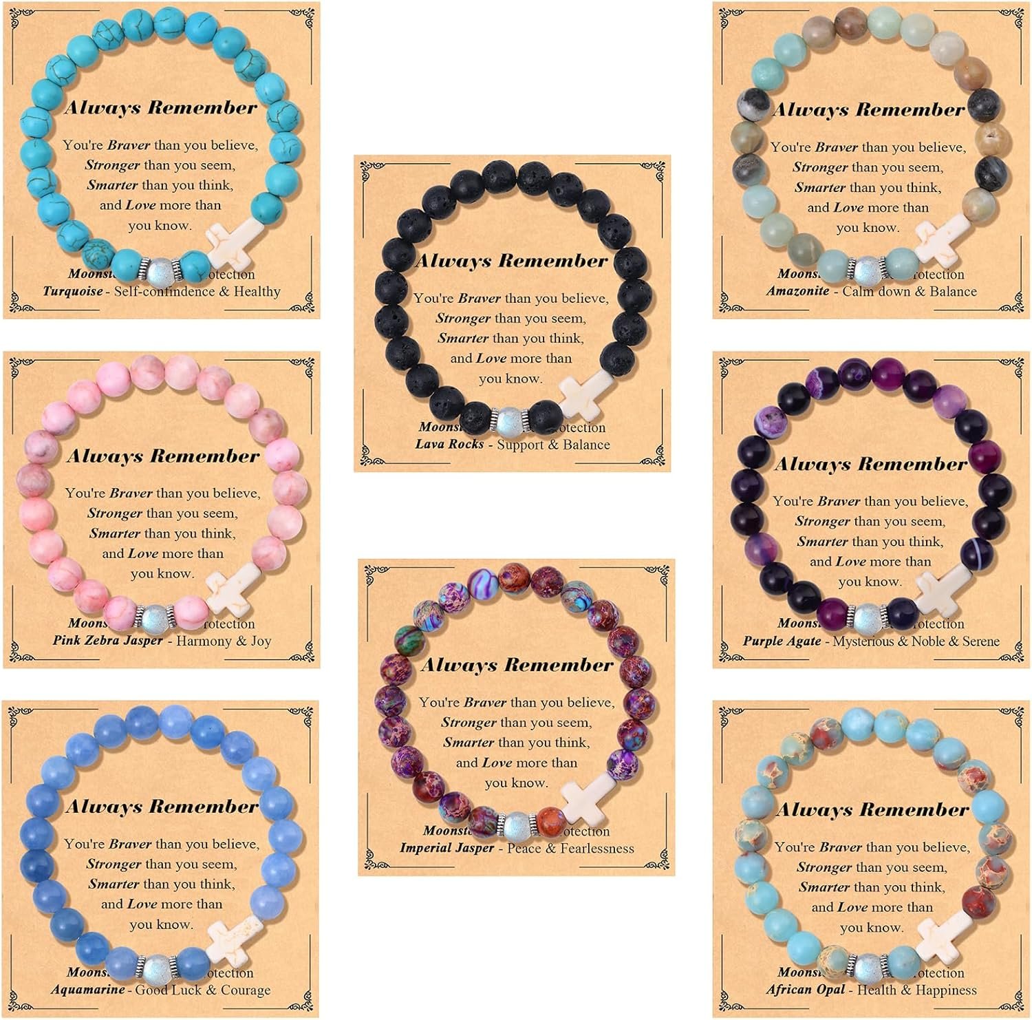 Giovanchi 8 Pcs Cross Beaded Bracelets for Women Inspirational Natural Gemstone Bracelets Christian Easter Birthday Gifts for Mom Wife Friend