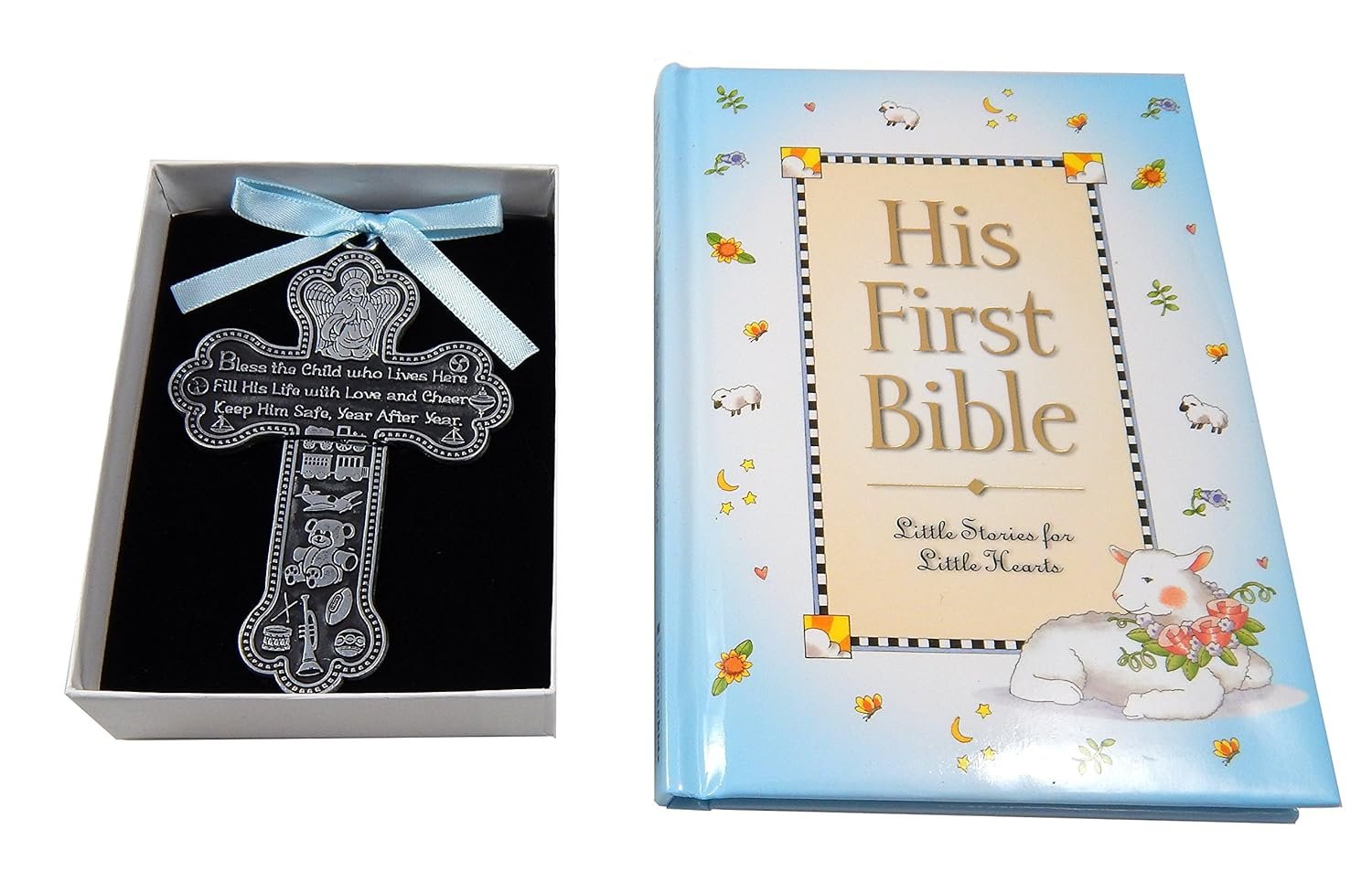 Baby Boy First Bible and 4″ Pewter Baptism Guardian Angel Crib Cross (Original Version)-L8
