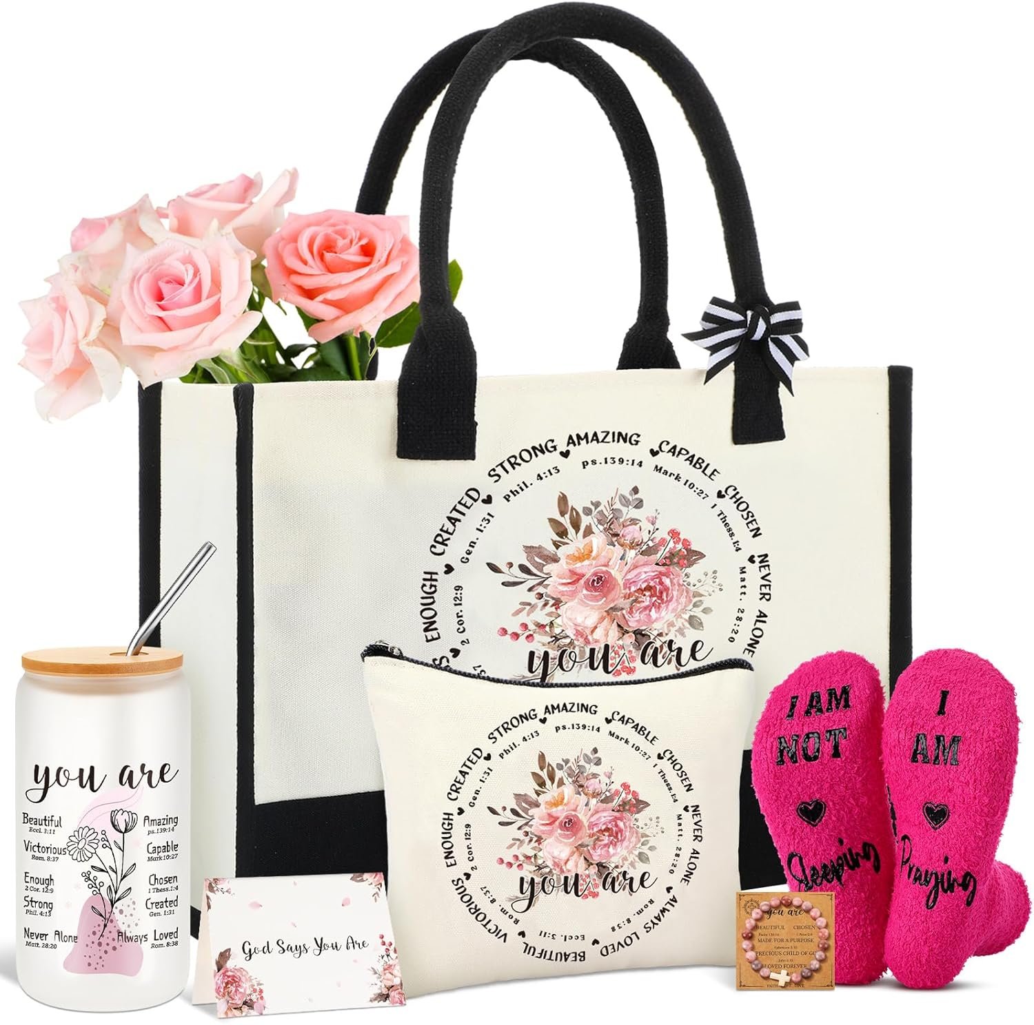 Huquary 6 Pcs Christian Gifts for Women Faith Include 16 oz Coffee 16 oz Glass Cup with Lid Canvas Tote Warm Socks Bracelet and Greeting Card Religious Birthday Present for Christmas Baptism Gifts