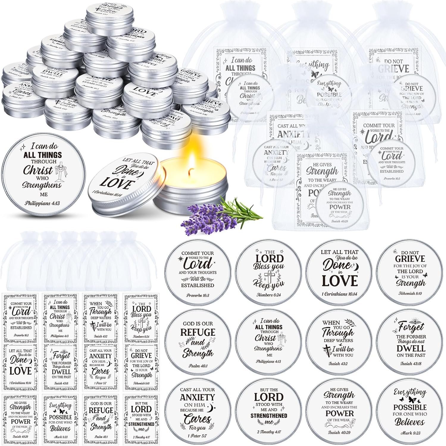 Yuntau 48 Pack Christian Scented Candle Bulk Bible Verse Candle with Scripture Cards Gift Bags 0.3 oz Religious for Women Church Baptism Prayer Party Guest(Retro,Monochrome)