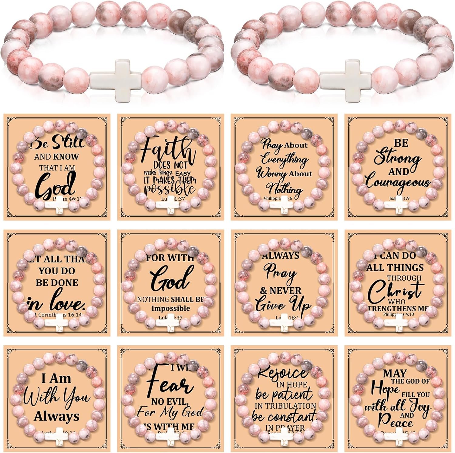 12 Set Christian Cross Bracelets Bulk Religious Cross Beaded Bracelet for Women Men 12 Natural Beaded Stuff Inspirational Cards Envelope Christian Jewelry Faith Gift (Classic Style,Pink)