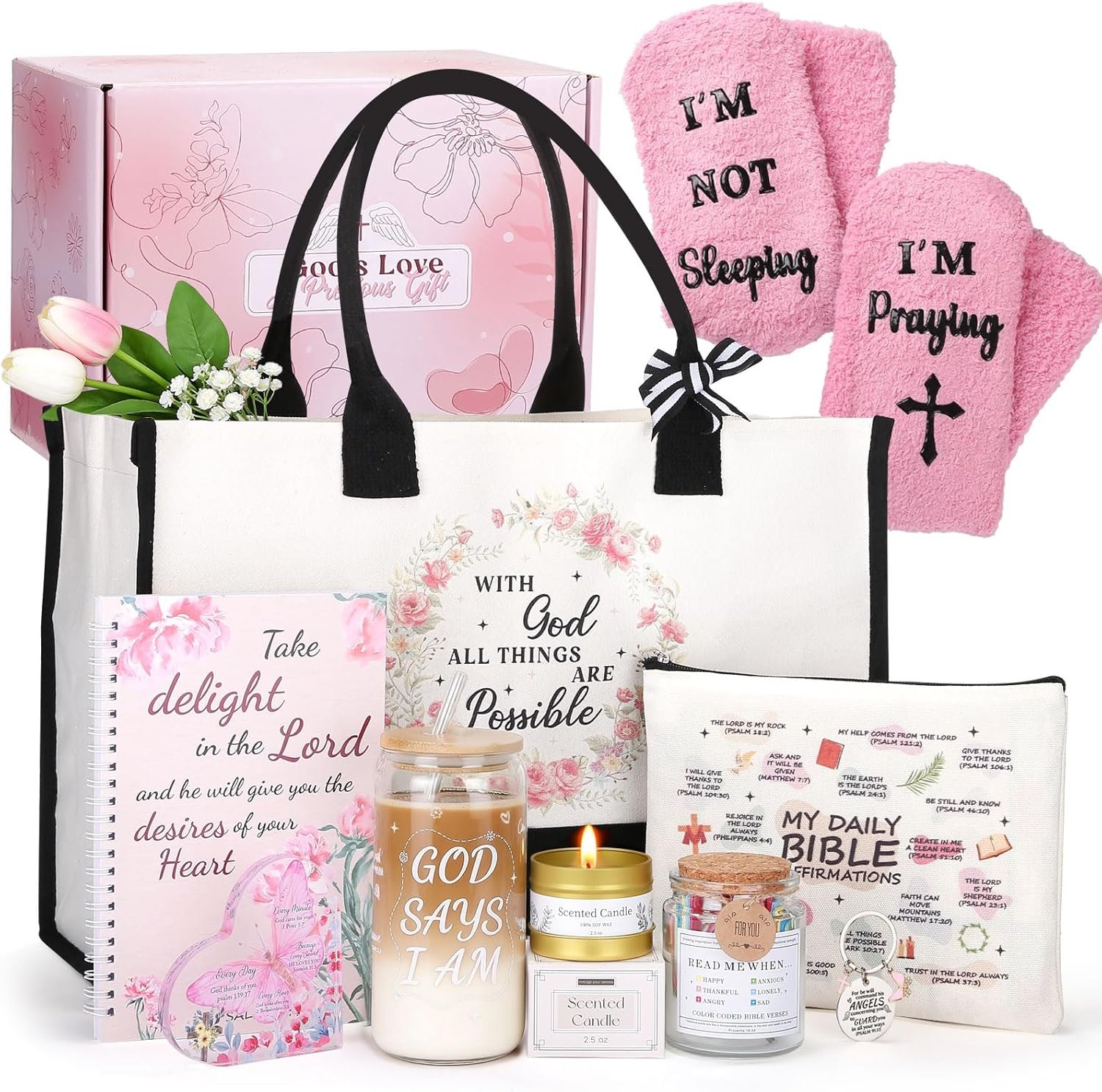 Yinsun Christian Gifts for Women, Religious Gifts Faith Based Gift for Women Birthday, Unique Catholic Birthday Gift Set, Bible Accessories for Mom Wife Grandma Friend include Drinking Jar & Tote Bag
