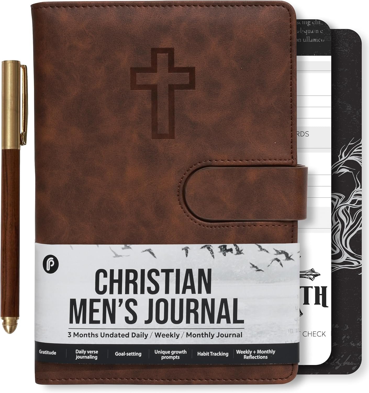 Prazoli Leather Christian Bible Prayer Journal For Men – Study Scripture Notebook & Planner Daily Devotional Undated | Religious Jesus Faith Gifts for Graduation, Pastor Baptism & Church, Cross