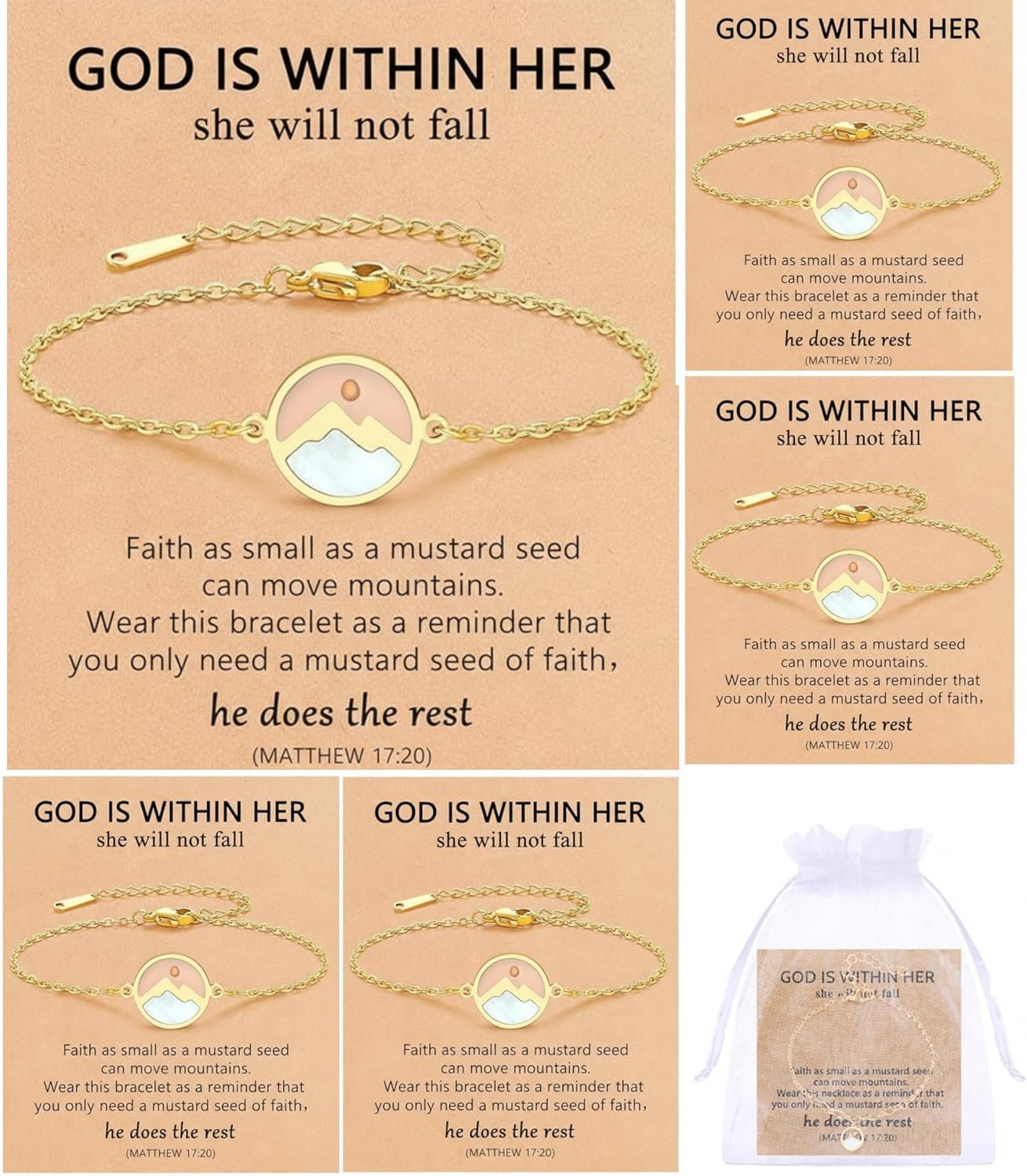 Tondiamo 6 Pcs Mustard Seed Bracelets Jewelry with Cards Christian Mustard Seed and Move Mountains Link Bracelet Bulk Catholic Baptism Religious Faith Gifts for Women
