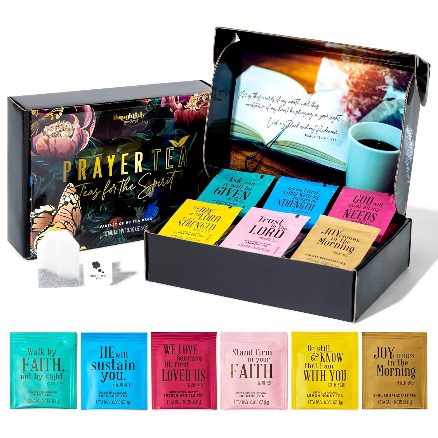 Thoughtfully, Tea Affirmations Christian Prayer Gift Set for Women, Religious Tea Gift with 6 Flavors and Bible Verses from Psalms and Other Books to Rejoice Pack of 90