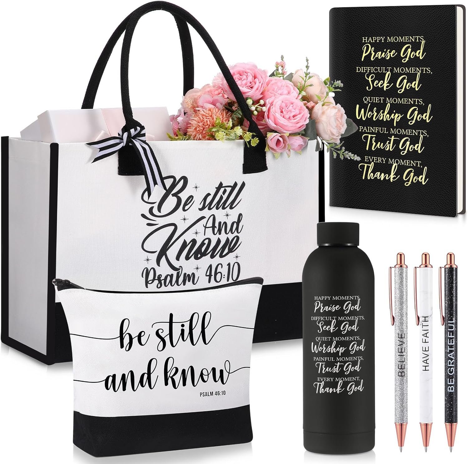 Shinylin Black 7 Pcs Christian Gift for Women Faith, Inspirational Religious Bible Verse Gifts, Catholic Tote Bag Makeup Bag Pens