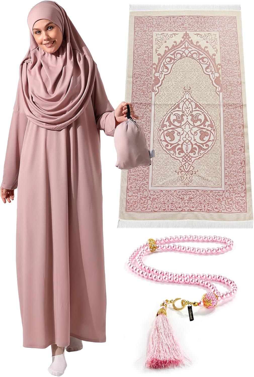 ihvan online Muslim Dresses for Women, One-Piece Prayer Dress & Prayer Rug & Beads, Islamic Gift Set for Eid Ramadan