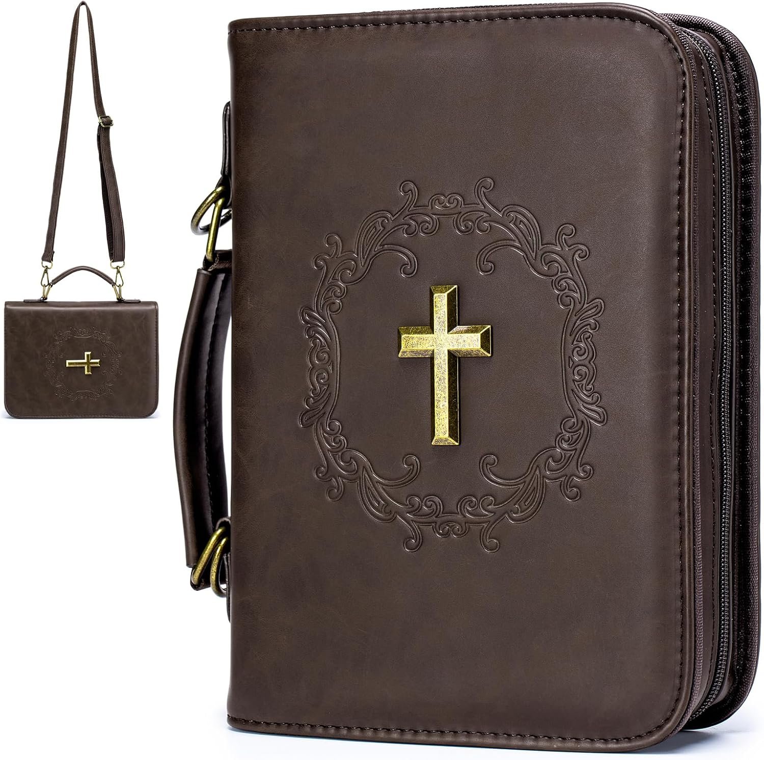 Large Bible Cover Case Church Bag with Detachable Shoulder Strap,Brown PU Leather Bible Bag for Men, Bible Protective Book Holder,Christian Gift for Men Women