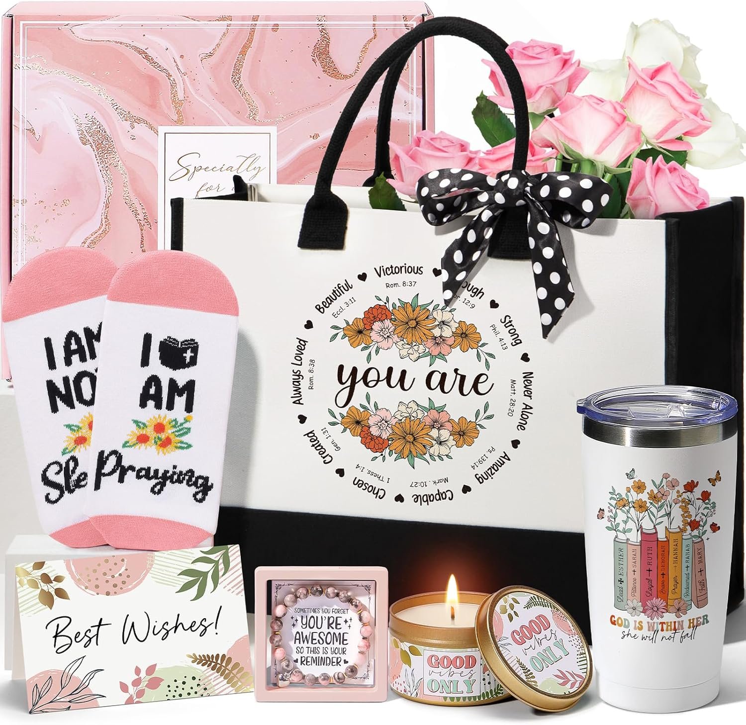 Christian Gifts for Women Faith, Inspirational Religious Gifts for Women, Catholic Spiritual Gift Basket, Unique Mothers Day Birthday Gifts for Women Mom Sister Friends Wife Grandma w/Canvas Tote Bag