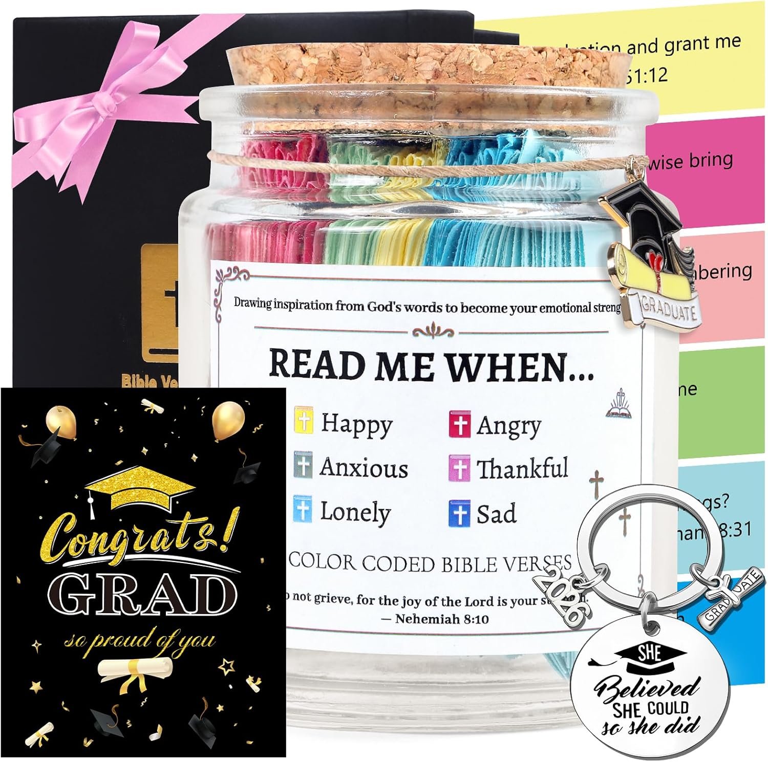 Christian Graduation Gifts for Her – 4Pcs Religious Graduation Gifts, Bible Verse Jar, Keychain, Congrats Grad Card, High School College Master Phd Graduate Gift for Daughter Sisters Niece
