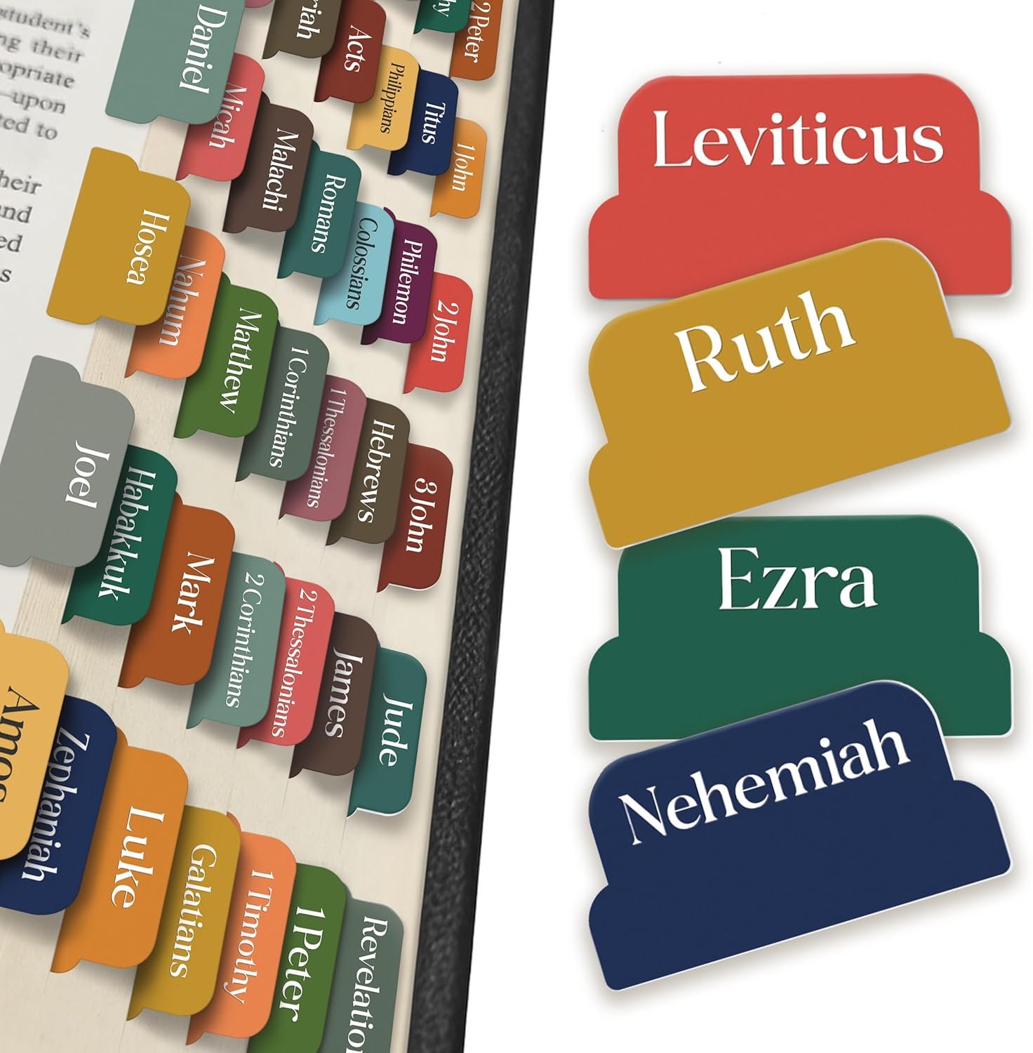 90 Christian Bible Tabs for Women, Men, and Kids – Assorted Colors – Large Print Laminated Labels – Bible Index Tabs for Church, Bible Study
