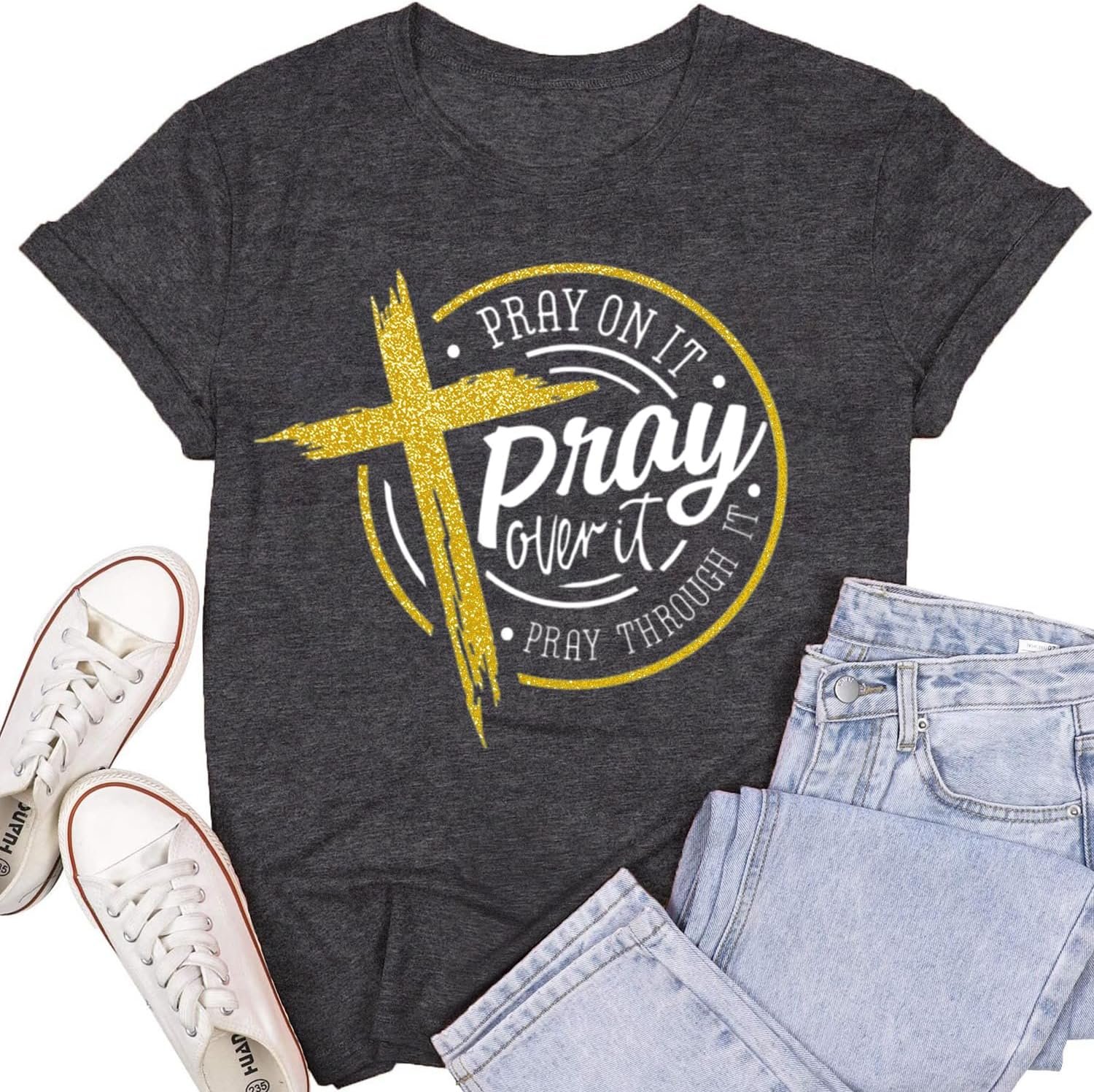 SUWATOIN Christian Shirts for Women Pray On It Over It Through It T-Shirts Blessed Christian Faith Tees