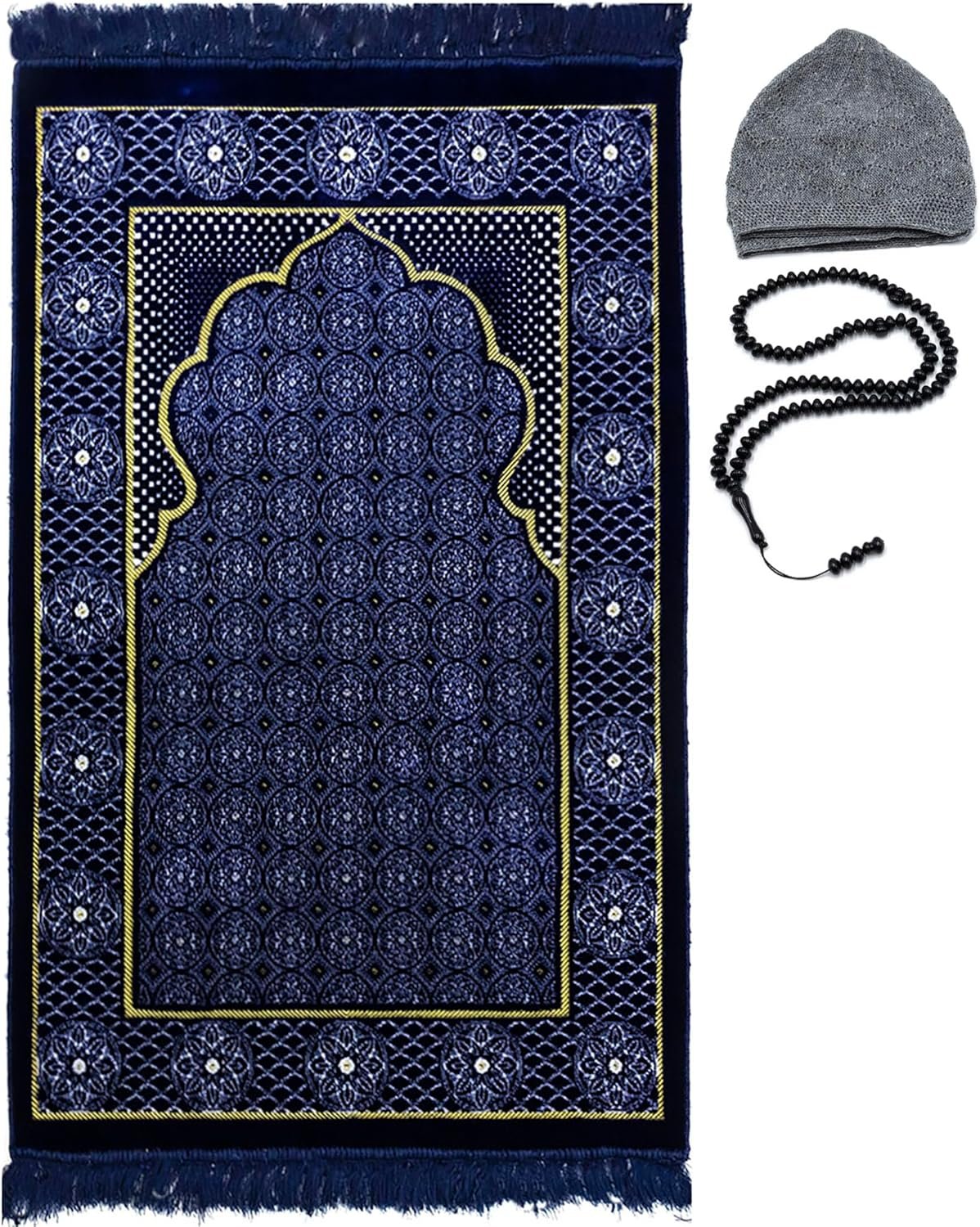 Modefa Muslim Prayer Rug – Turkish Janamaz Sajada – Plush Velvet Soft Prayer Mat Praying Carpet for Men and Women – Ramadan or Eid Gift with Kufi Cap & Beads – Floral Stamp Ipek – Blue 2
