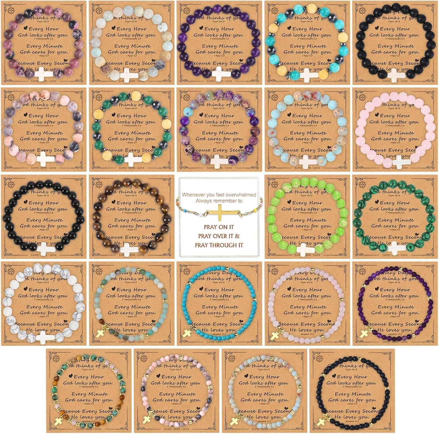 24 Pcs Cross Bracelet Set for Women, 8mm & 4mm Natural Stone Beaded Christian Faith Jewelry + Chain Cross Bracelet, Inspirational Religious Gift for Easter Baptism Confirmation