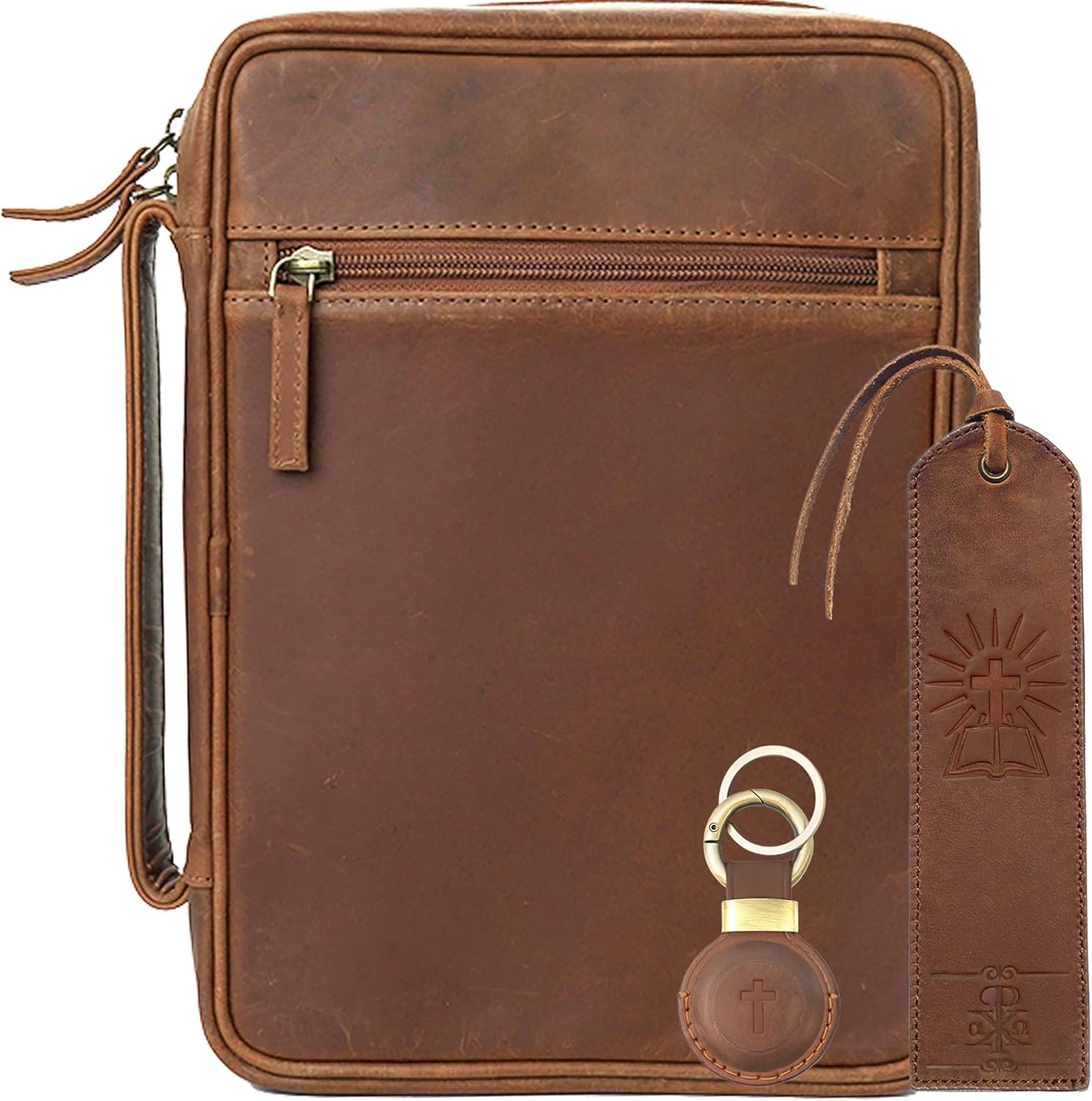 Sovereign-Gear Large Leather Bible Cover – Genuine Buffalo Leather with Handle, Zipper, Storage Pockets, Bookmark & AirTag Compatible Holder – Stylish Bible Carrying Case for Men & Women