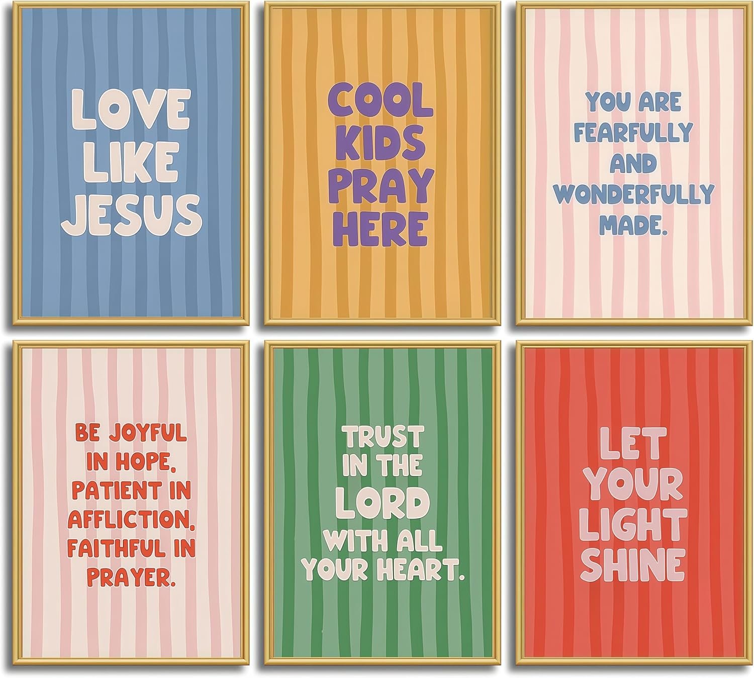 6Pcs Children’s Bible Verse Wall Art Cute Colorful Kids Striped Posters Prints Pictures Christian Inspirational Quotes Canvas Paintings Wall Decor for Boy Girl Bedroom Home Decoration 8x10in Unframed