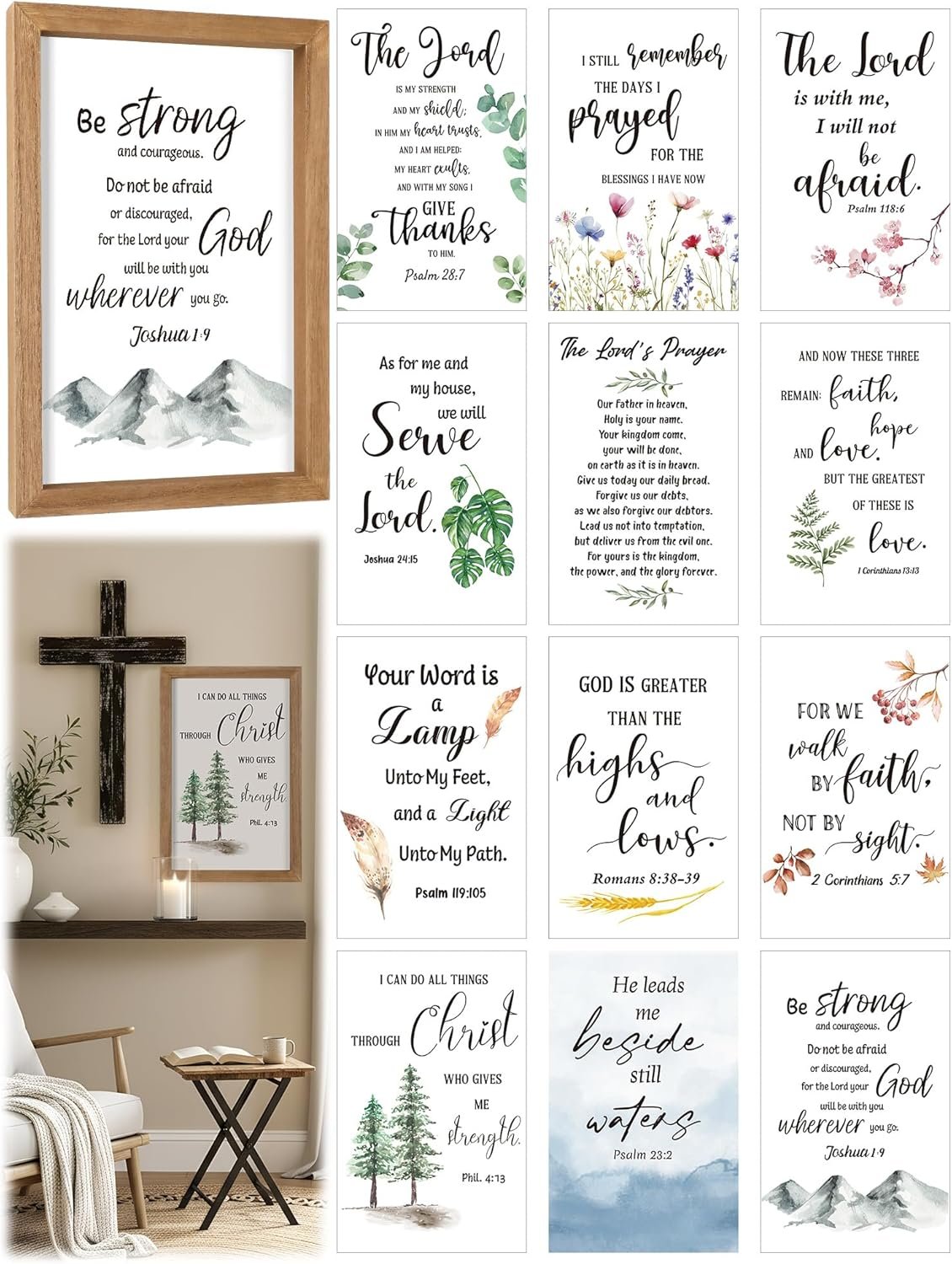 13pcs Home Scripture Wall Art Interchangeable Seasonal Sign Include 12 Pcs Bible Verses Wall Decor with 15×10 Inches Framed Wood Plaque Religious Gifts for Christian Xmas Holiday Decoration