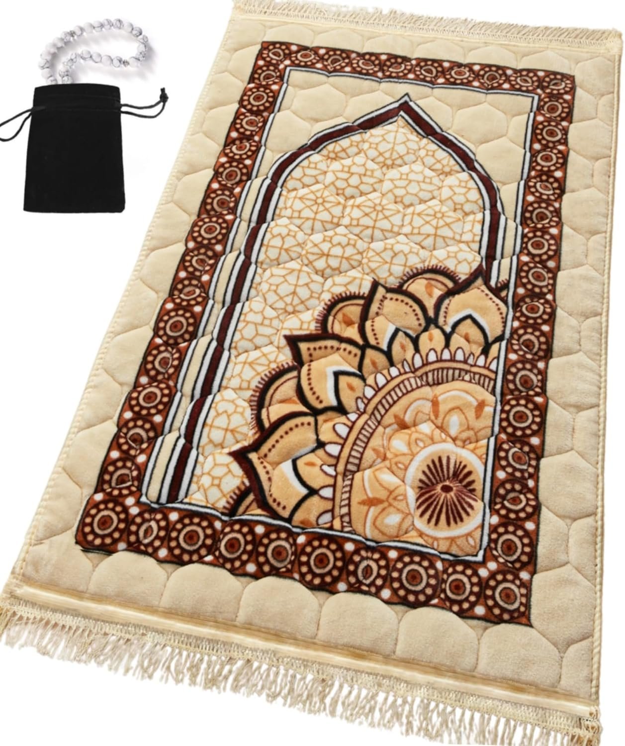 Islamika Prayer Mat Muslim Prayer Rug – Thick Padded Prayer Rug Sajadah for Men Women with Islam Prayer Beads for Eid Travel Ramadan, Soft (Beige)
