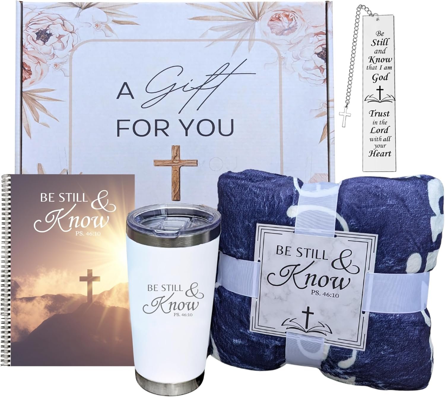 Christian Gifts for Women – Be Still and Know Faith Gift Box with Bible Verse Blanket, Journal, Bookmark & Tumbler – Inspirational Religious Gift Set for Encouragement, Recovery, Comfort (Royal Blue)