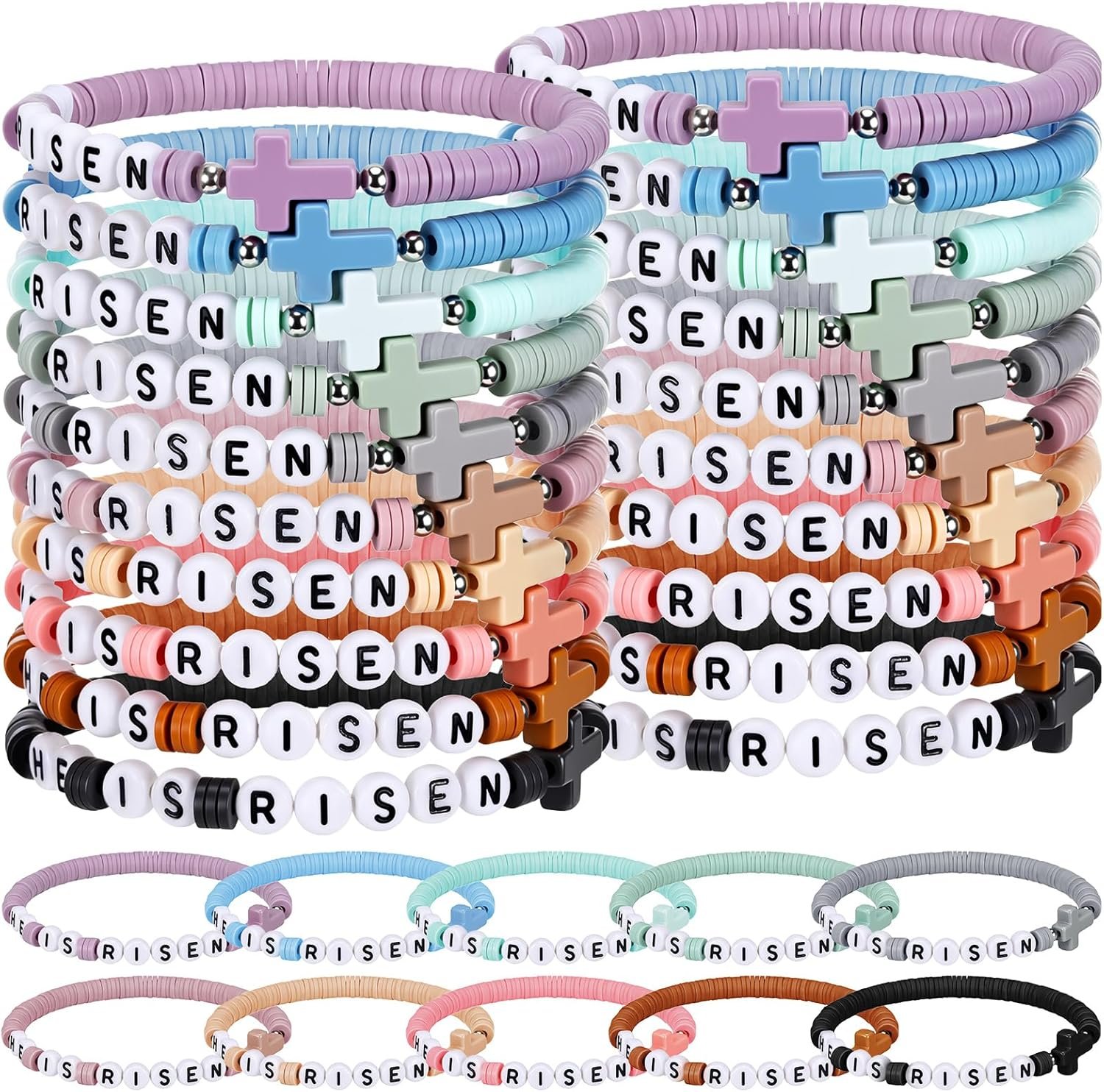 Landical 30 Pcs He Is Risen Jesus Bracelets Bulk Christian Cross Bracelets Handmade Elastic Colorful Polymer Clay Beaded Wristbands Easter Party Favors Religious Jesus Wristbands