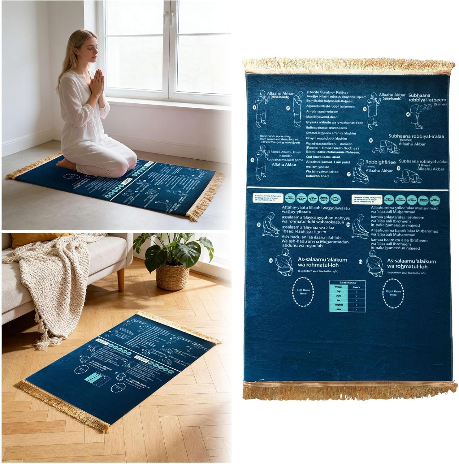 Read in English and say it in Arabic Guided Prayer Mat, Non-Slip Educational Janamaz for New Muslims, Reverts & Kids Learning Prayer – Large Spiritual Gift (Blue, 70x110cm)