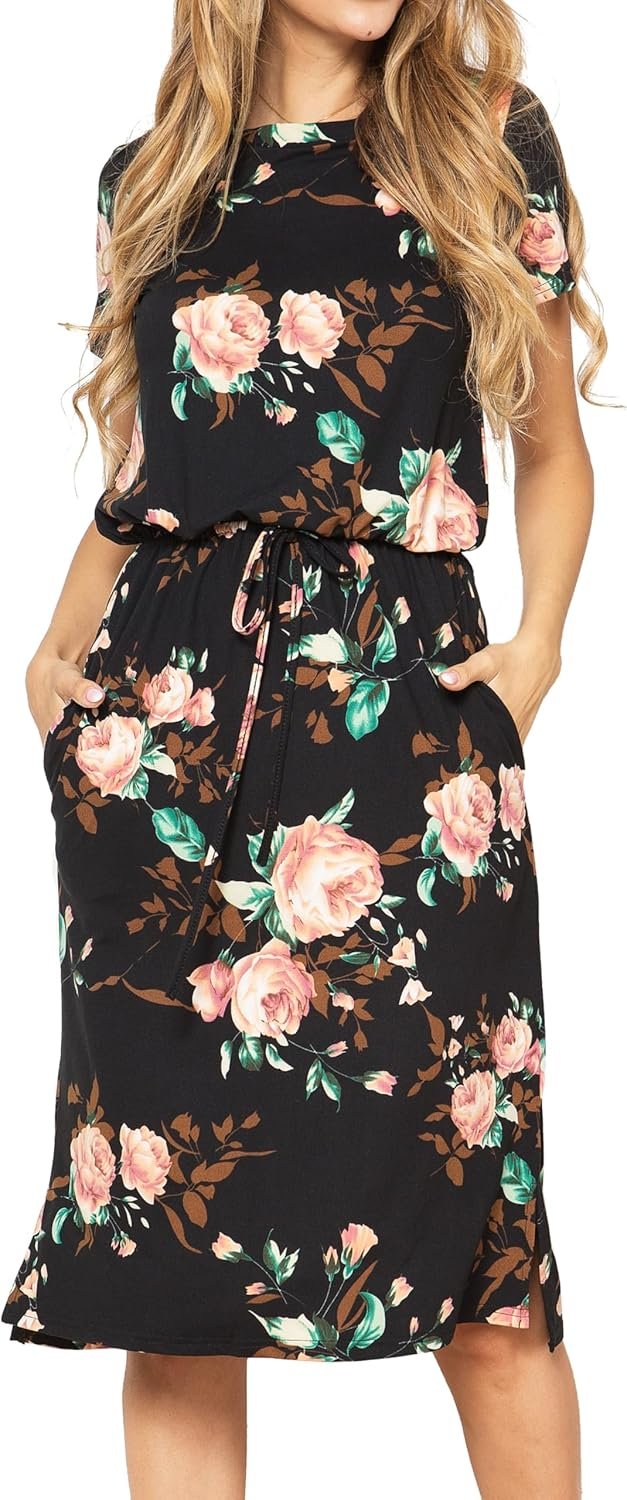 Simier Fariry Women Summer Midi Knee Casual Dress Pocket Hide Belly Short Sleeve Spring Work Travel Teacher Outfit