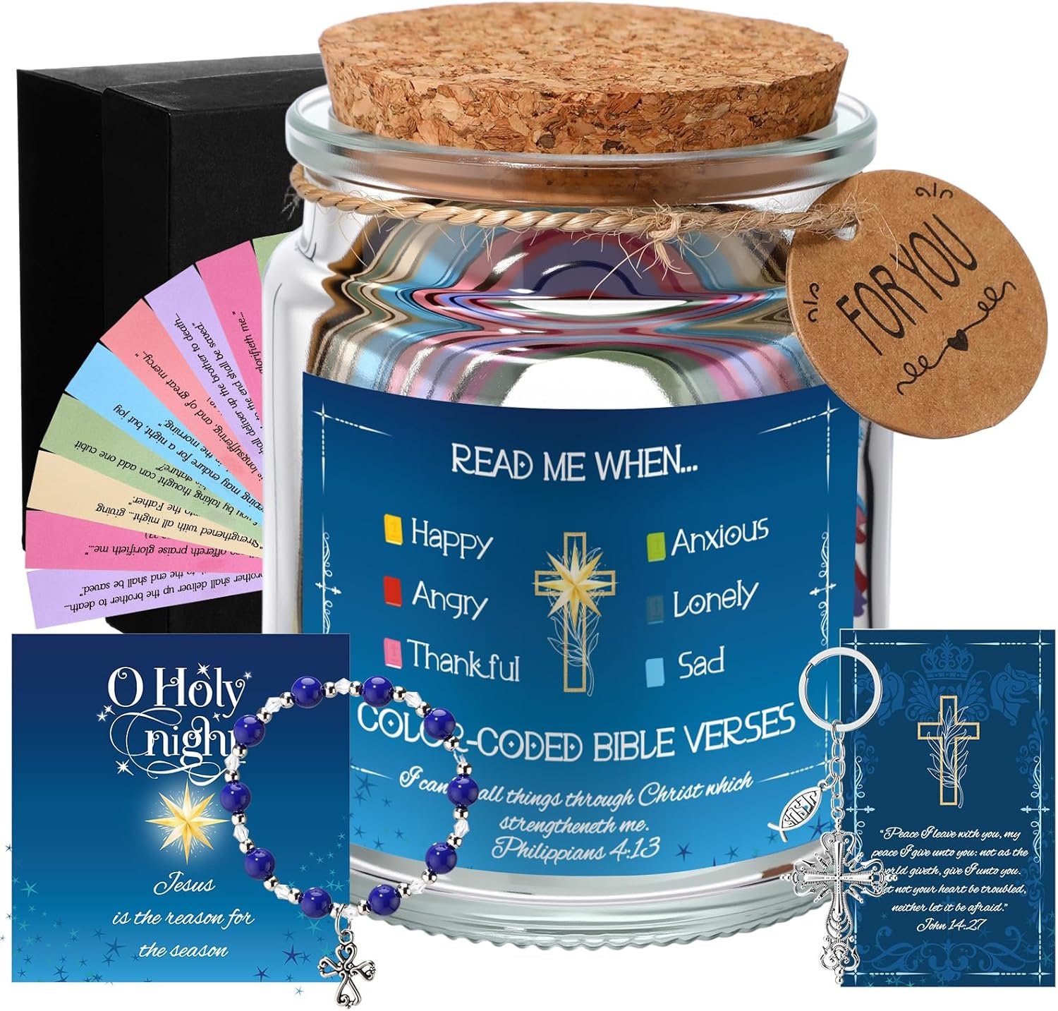 Kenning 3 Pcs Mothers Day Christian Gifts, Bible Verse Jar Inspirational Prayer Jar with Scriptures 129 Pcs Verses Bible Card, Cross Bracelet, Keychain for Mom, Wife, Sister, Aunt, Grandma(Holy Night)