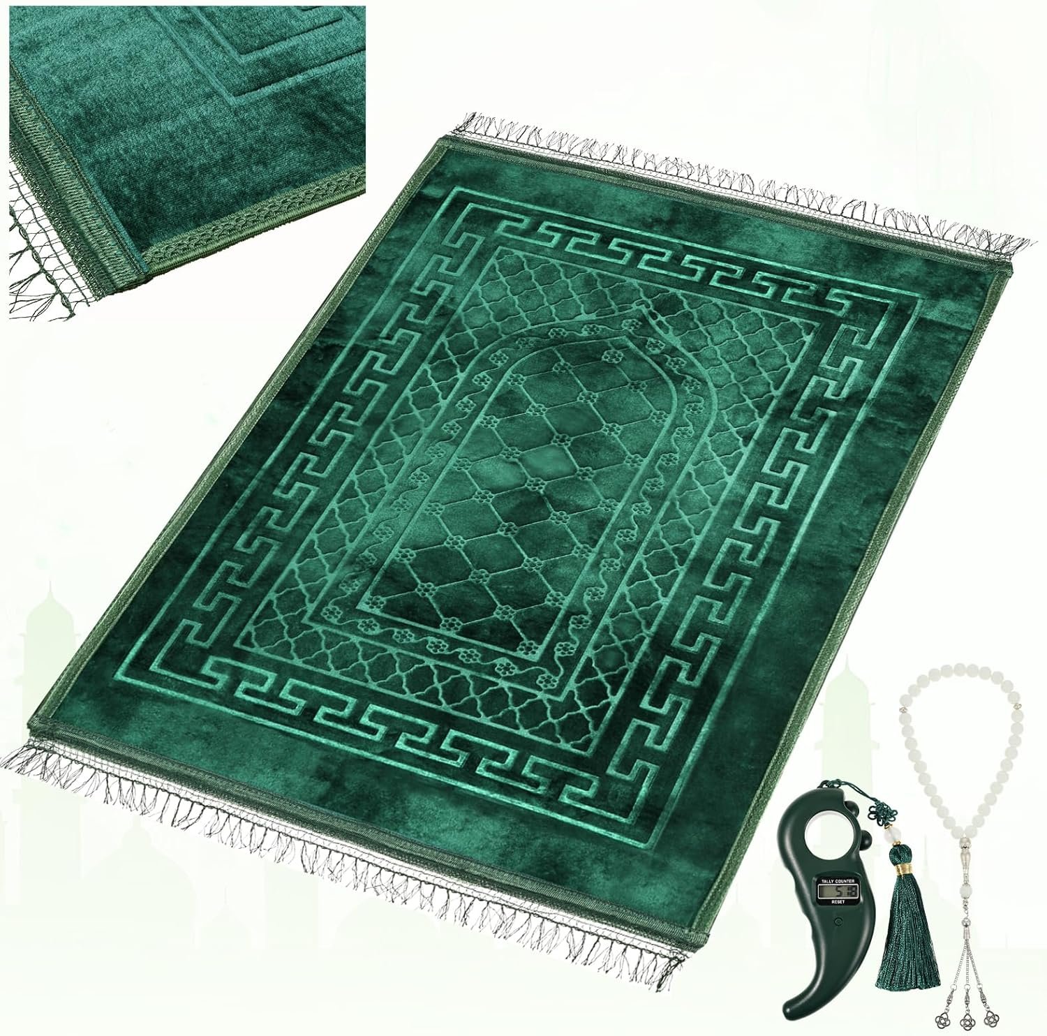 FUMMI Soft Padded Muslim Prayer Rug with Tasbih Beads, Thick Non-Slip Islamic Prayer Mat, Luxurious Janamaz for Men & Women (Green)