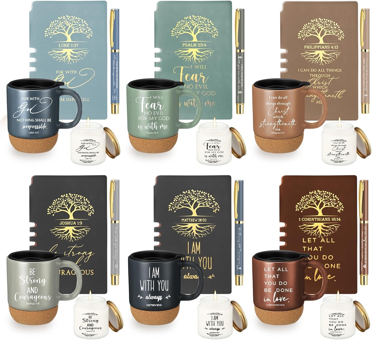 FillTouch 24 Pcs Christian Gift for Women Men, Church Father’s Day Bulk Religious Bible Verse Prayer Journal Coffee Mug Candle Set for Man of God Pastor Favor (Courage,Light Color)