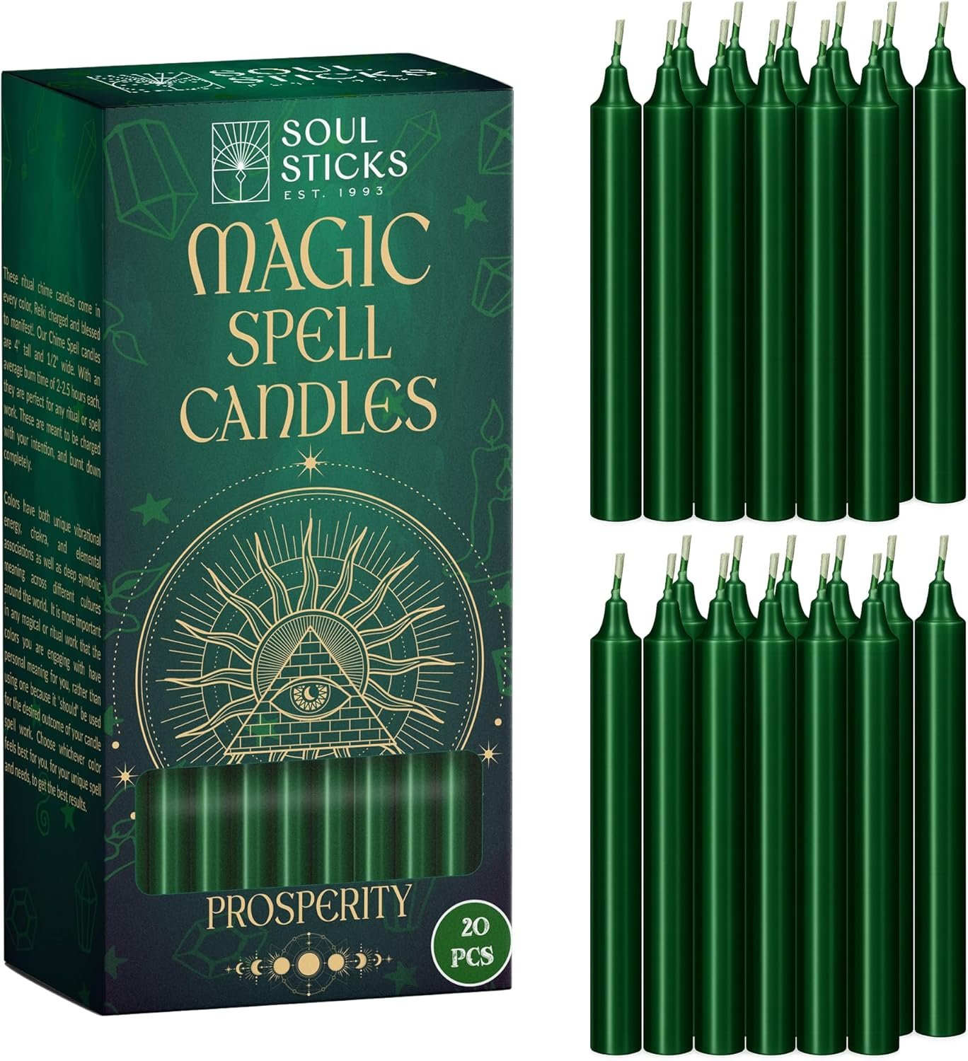 SOUL STICKS Prosperity Magic Spell Chime Taper Candles 20 Pack – Ideal for Altar, Rituals, Ceremonies, Meditation Green Unscented Candle Sticks for Witchcraft Supplies, Wiccan Supplies and Tools