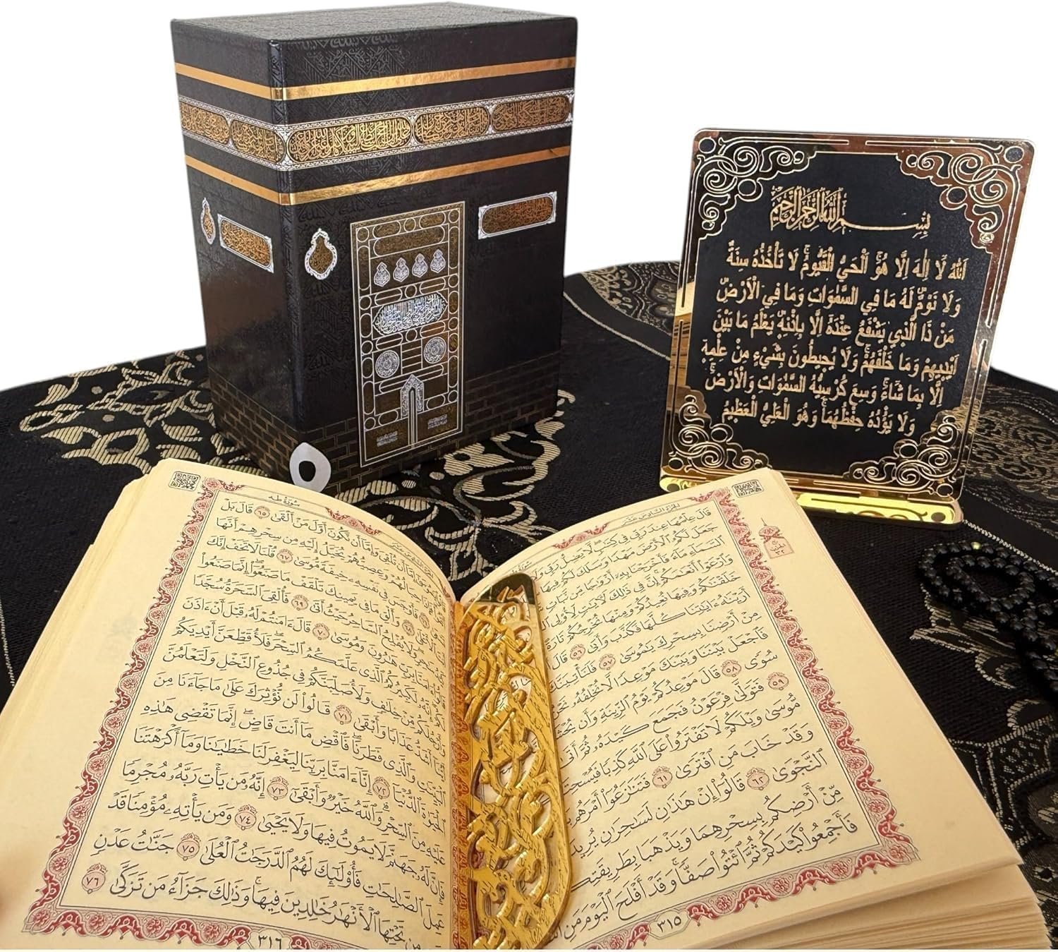 SAIKA Muslim Prayer Rug, Islamic Gift Set, Velvet Full Arabic Quran, Elegant Kaaba Design Box, Ayat El Kursi Table Top, Prayer Beads, Bookmark, Janamaz, Salah Mat (KAABA)