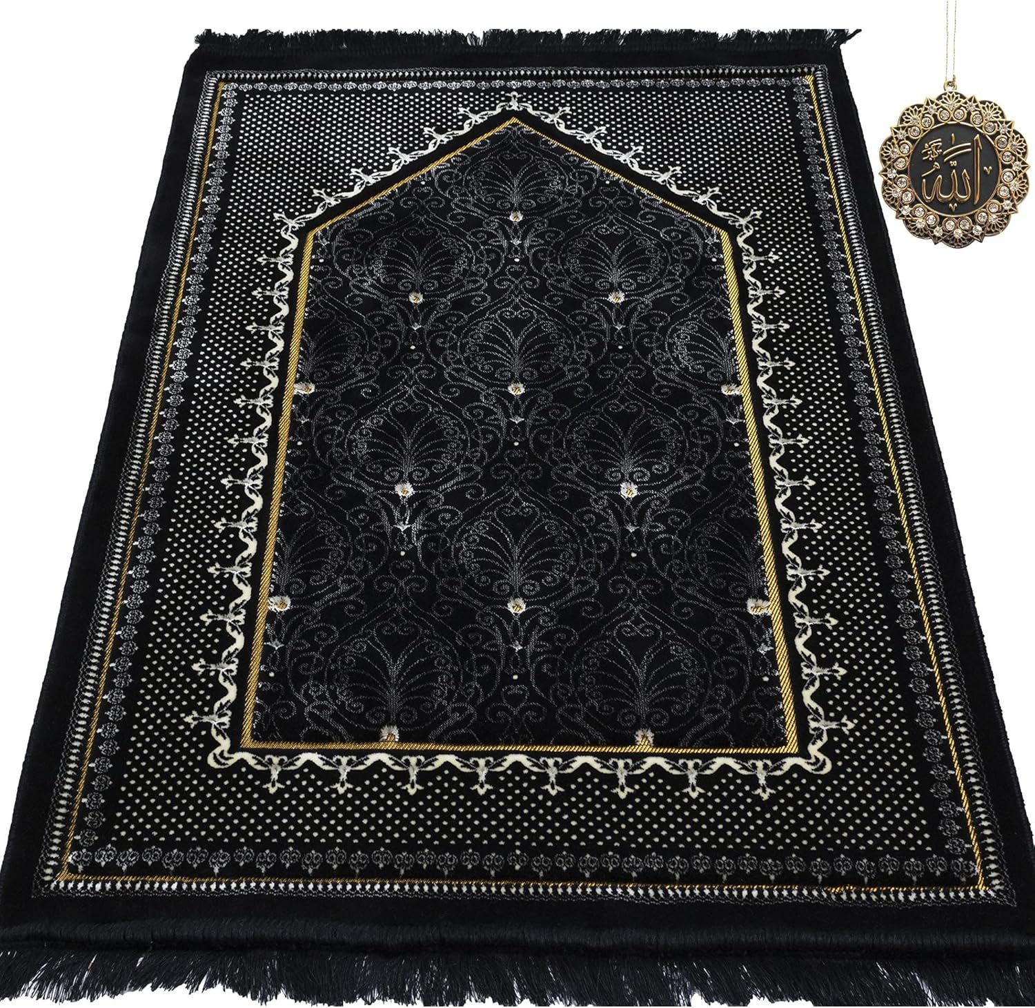 Modefa Turkish Islamic Velvet Prayer Rug – Thick & Wide Soft Carpet for Men & Women – Large Muslim Salah Mat – Ramadan & Eid Gift – with Car Hanger – Double Plush Topkapi (Black)