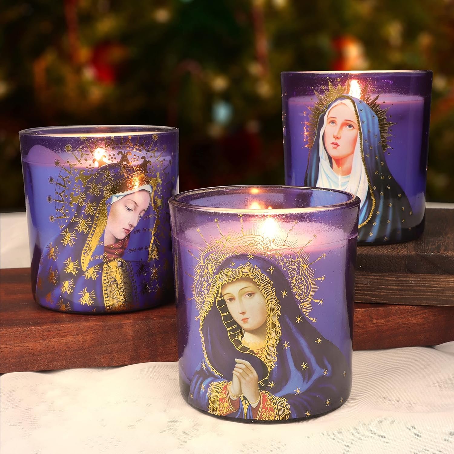 Blessed Virgin Mary Scented Candles – Set of 3 Purple Glass Votive Candles for Church Vigil Devotional and Catholic Home Altar – Long-Lasting Burning, Rosemary Scented Soy Wax Jar Candles
