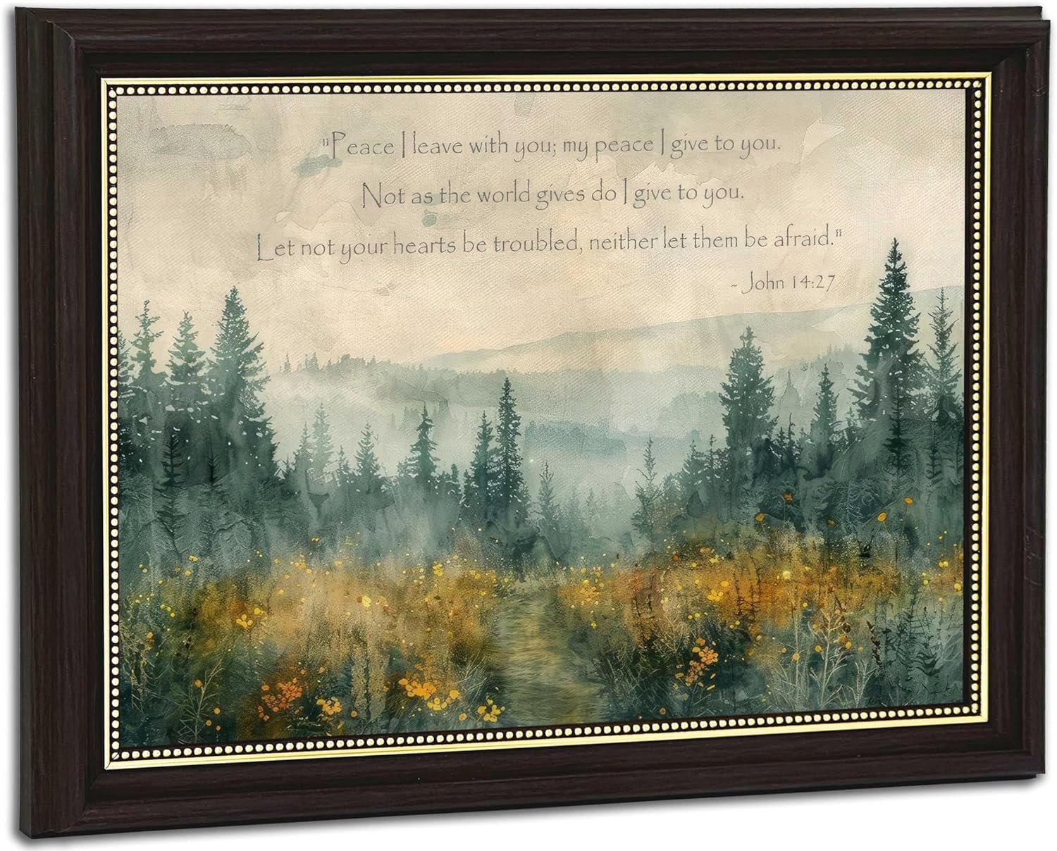 Black Gold Framed Christian Bible Verse Wall Art Scripture John 14:27 Wall Decor Vintage Forest Pathway Landscape Religious Picture Painting for Bedroom Living Room 12×16 inch