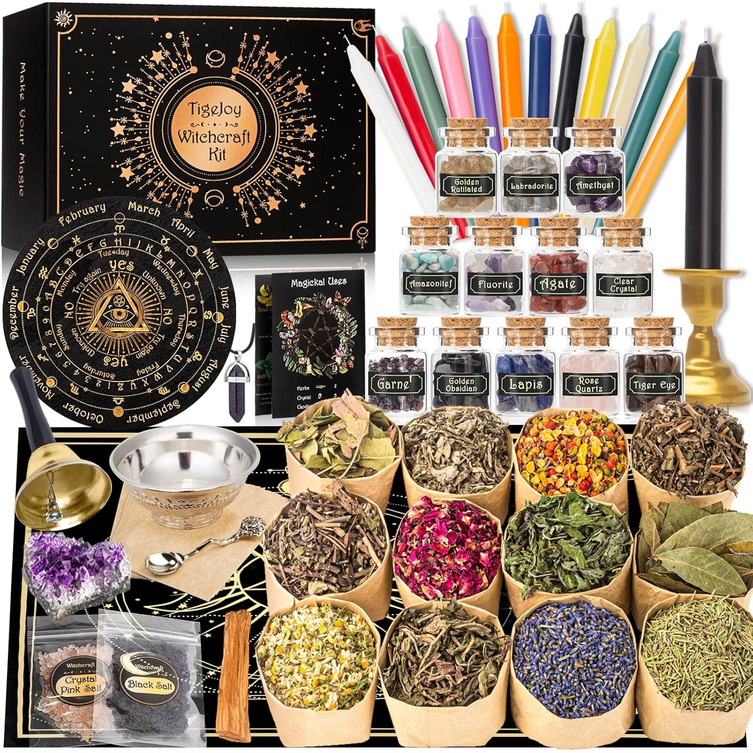 TigeJoy Witchcraft Supplies Witch Stuff Spell Kit 60PCS, Wiccan Tools, Include Herb Crystal Candle Amethyst Altar Bowl Witch Bell, Witch Gift Wiccan Starter Kit Altar Supplies Pagan Decor