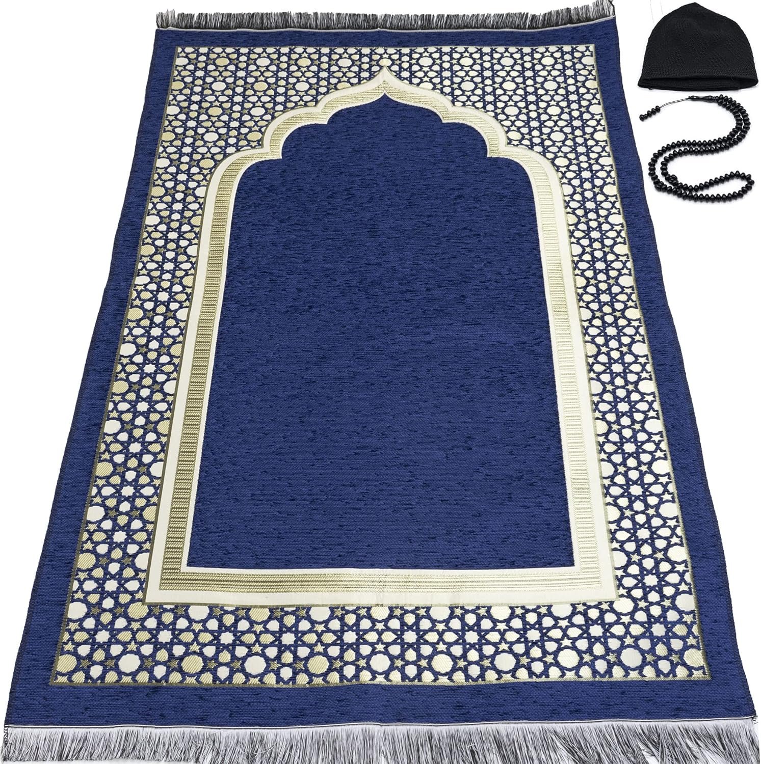 Modefa Turkish Islamic Prayer Mat – Thin Woven Chenille Sajjadah – Intricate Praying Rug Ramadan Eid Gift – Traditional Muslim Janamaz Sajada for Men Women – Geometric Selcuk Star (Royal Blue)