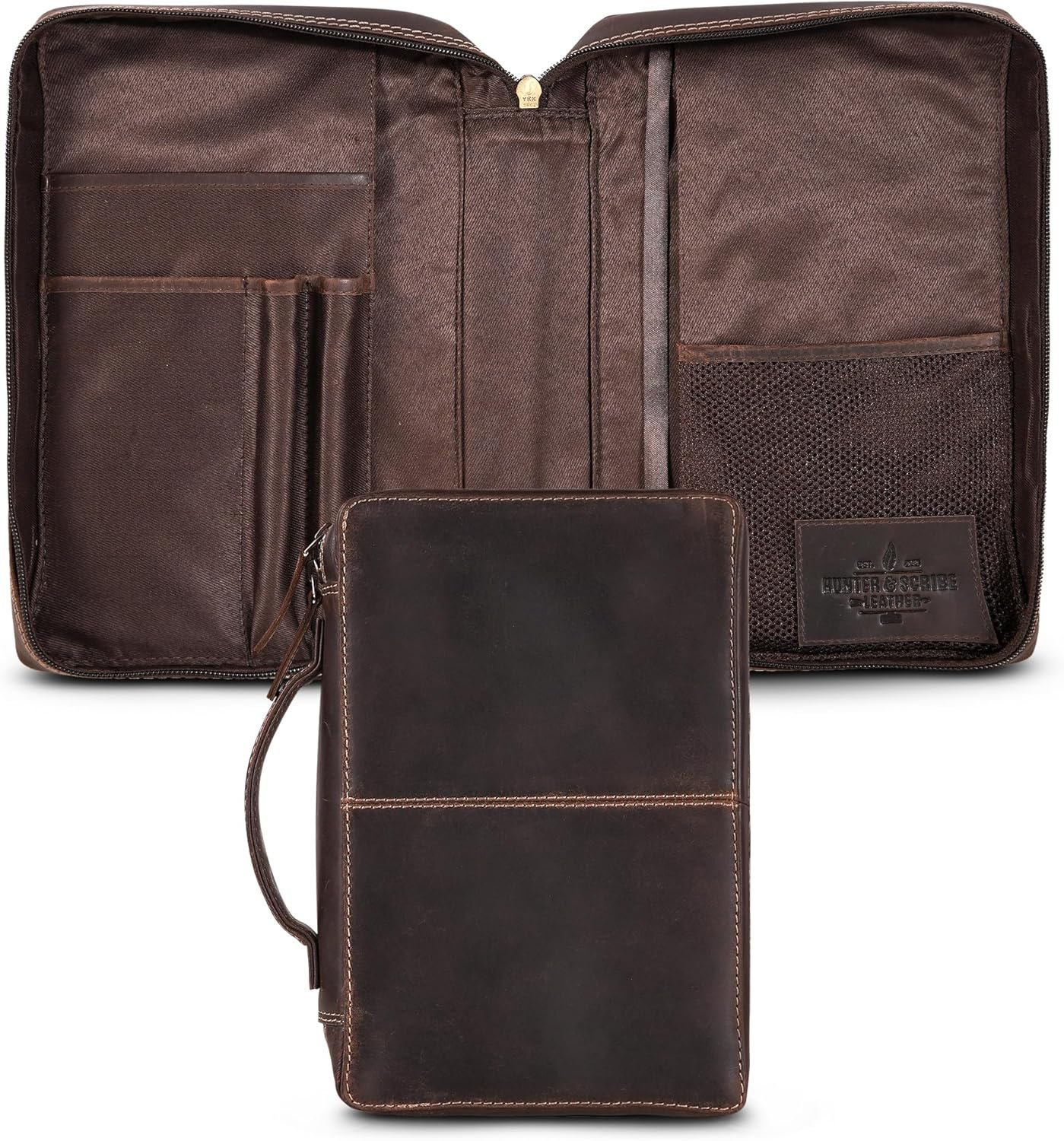 Hunter & Scribe Leather Bible Covers for Men and Women – Top Grain Buffalo Leather – Genuine Leather Bible Cover with Pockets, Zipper, and Bookmark – Bible case – Book Cover – Large Dark Brown