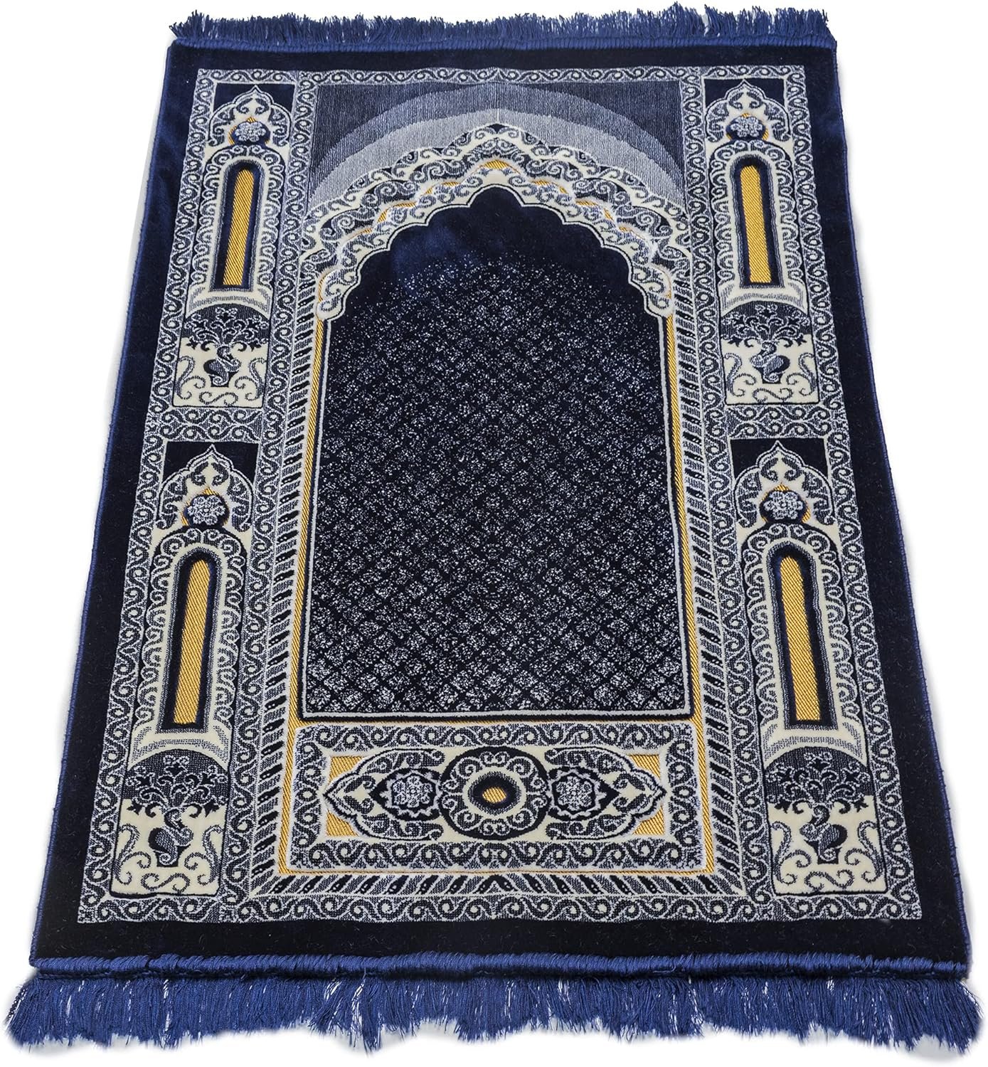 Modefa Islamic Prayer Rug – Double Plush Large & Wide Velvet Carpet – Traditional Muslim Janamaz Sajada – Thick Turkish Prayer Mat for Men & Women- Ramadan or Eid Gift – Floral Mihrab (Navy Blue)