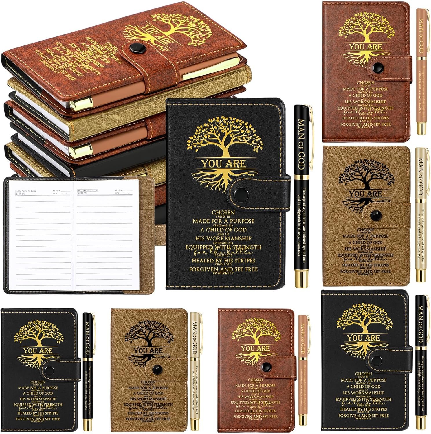 Thenshop 24 Set Christian Gift Man of God Leather Prayer Journal Religious Church Notebook Tree of Life Notepad with Pen Baptism Gift for Pastor Dad Men Women Mothers Fathers Day (Black Brown)