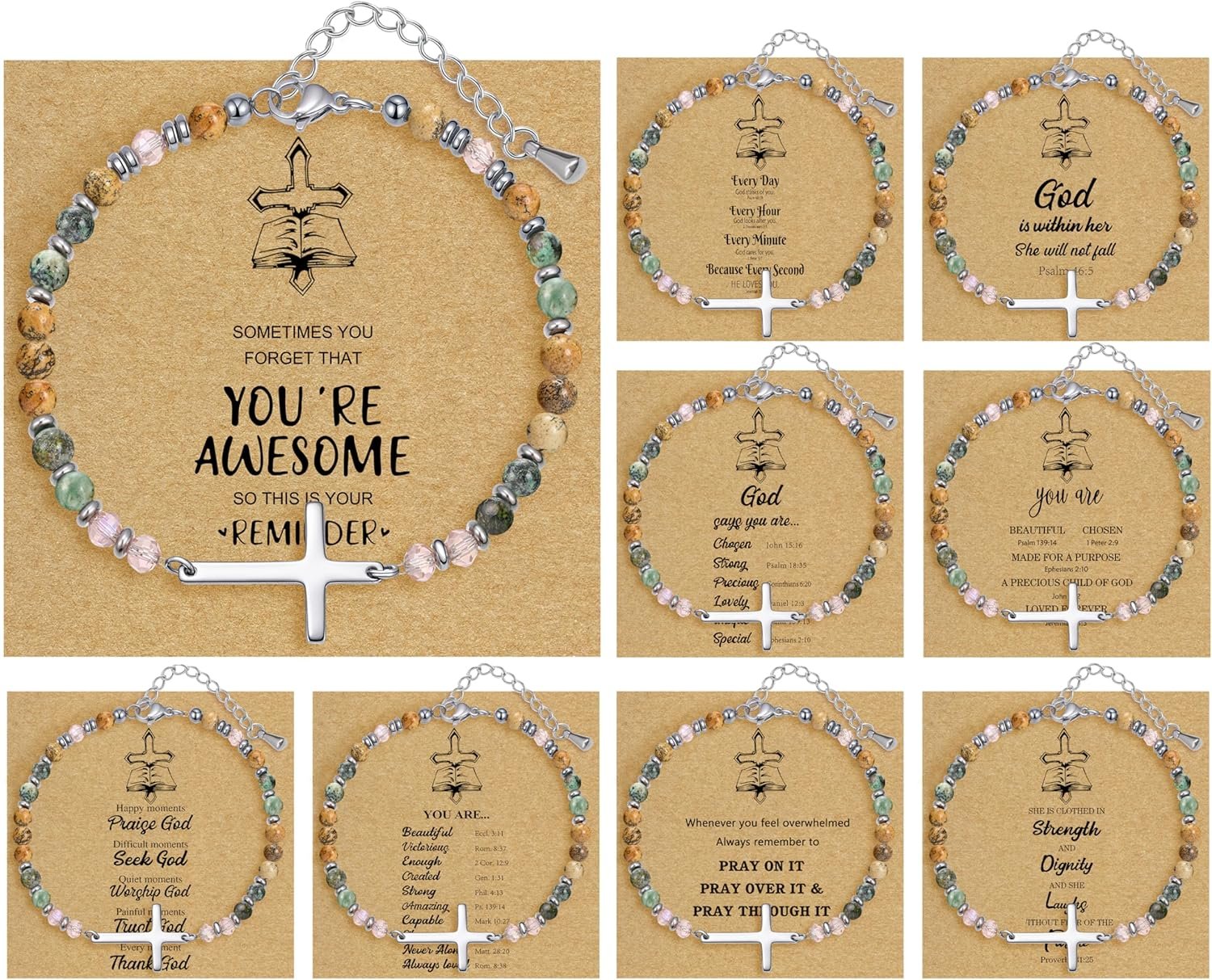 BOMAIL 9PCS Cross Bracelets for Women – Christian Inspirational Bracelets Gifts Healing Natural Stone Beaded Bracelets Set Adjustable Confirmation Baptism Easter Gift Bracelets