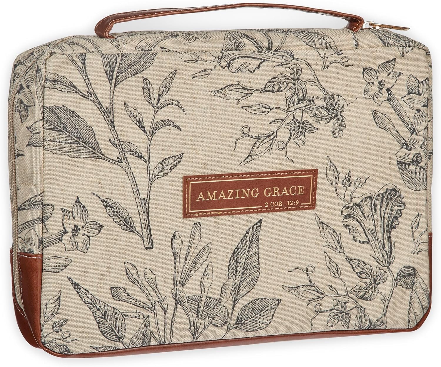 Christian Art Gifts Women’s Premium Natural Canvas Vegan Leather Fashion Bible Cover: Amazing Grace – Inspirational Scripture, Sturdy Protective Book Carry Case Accessory, Creamy Brown Floral, Medium