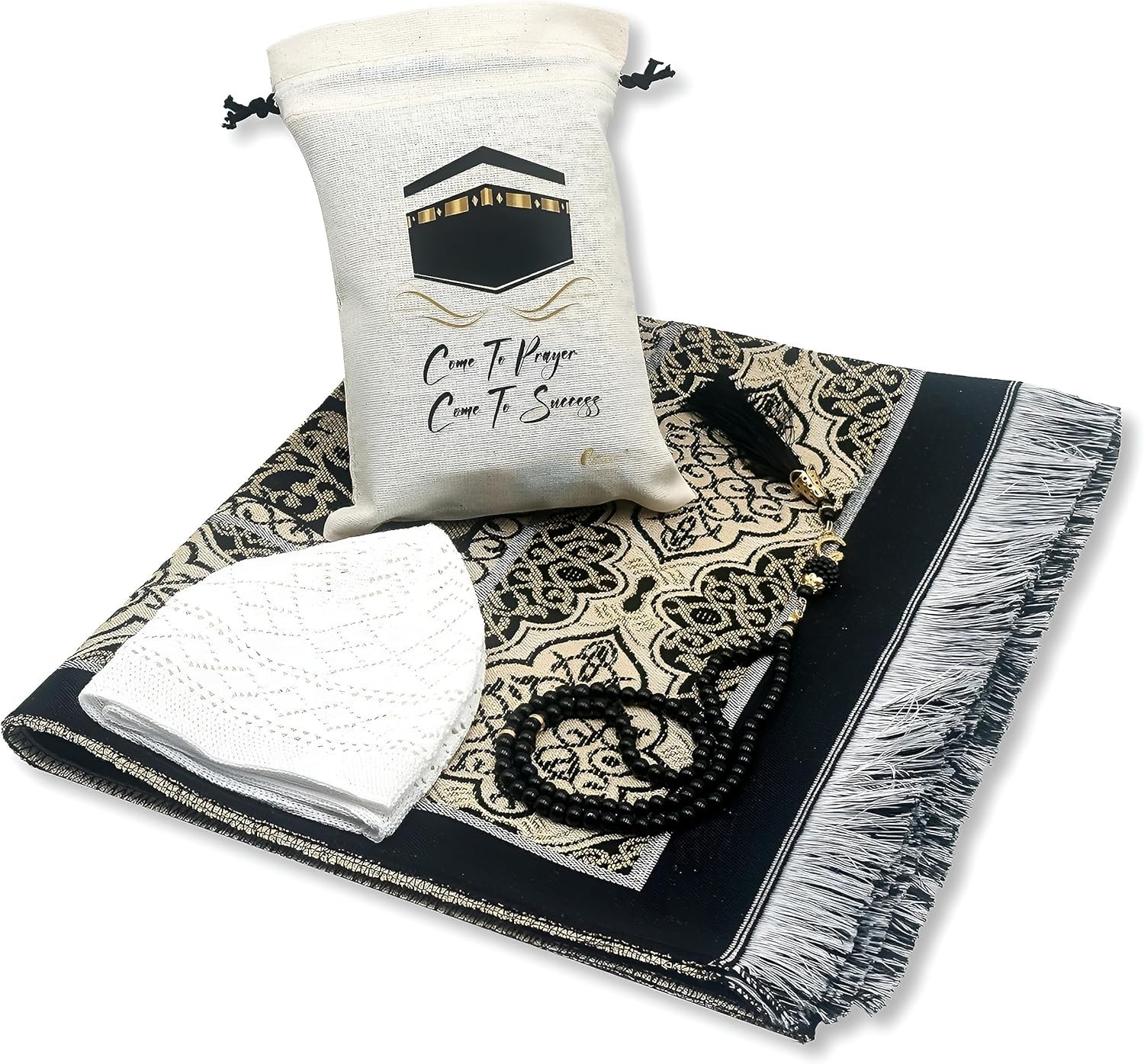 ESERRA Muslim Prayer Rug – 99 Beads & Cap Included, Islam Prayer Mats for Men, Women & Kids (Black)