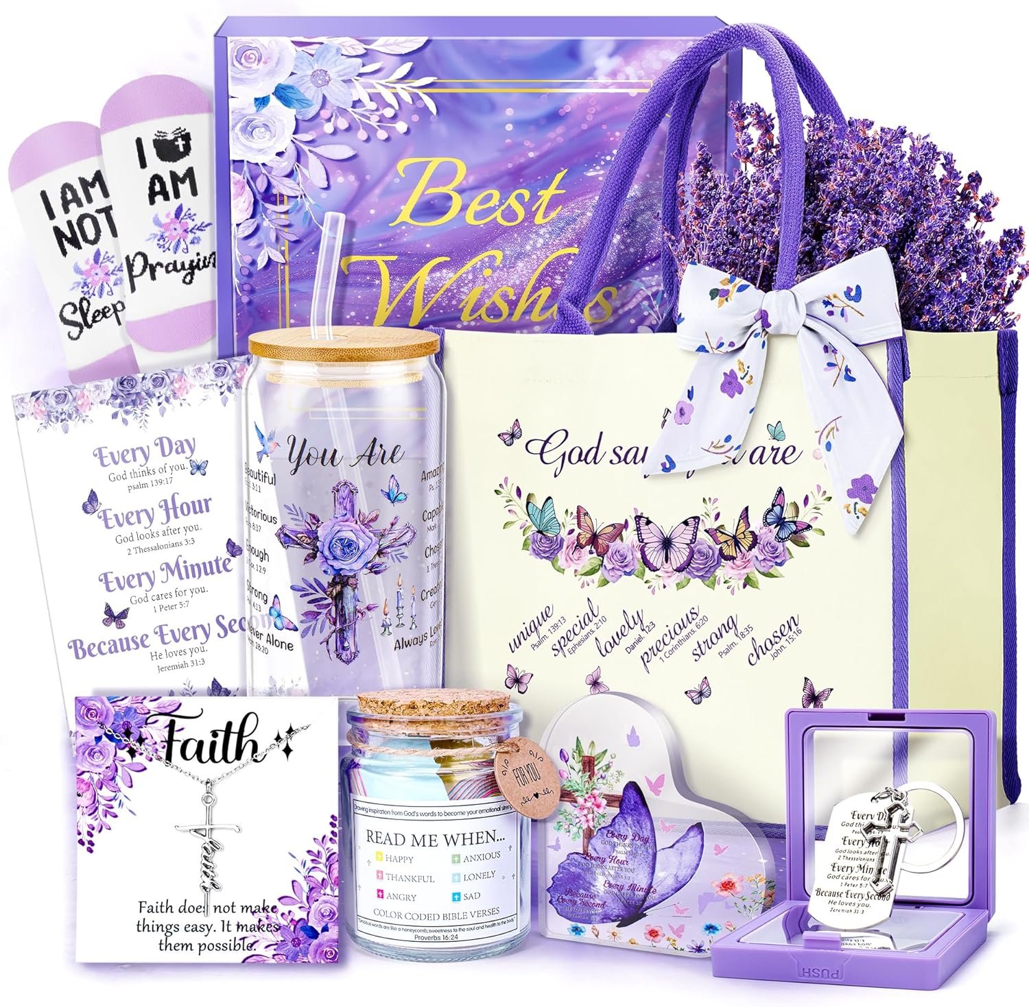 13PCS Christian Gifts for Women Faith,Self Care Package Get Well Soon,Lavender Relaxing Spa Care Package Mothers Day Baskets for Her Mom Friend Sister Wife Valentine’s Day Gift, Birthday Gifts