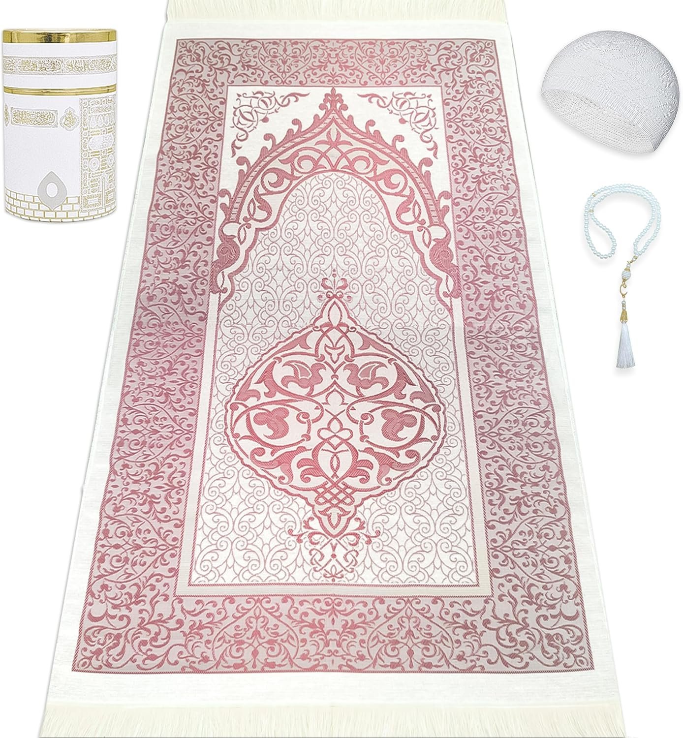 Muslim Prayer Rug Islam and Beads, Kaabe Design Box Eid Ramadan Gifts Islamic Set Carnal Salah Mat Taffeta Fabric Black Soft Prayer Mats Men and Women (Pink)