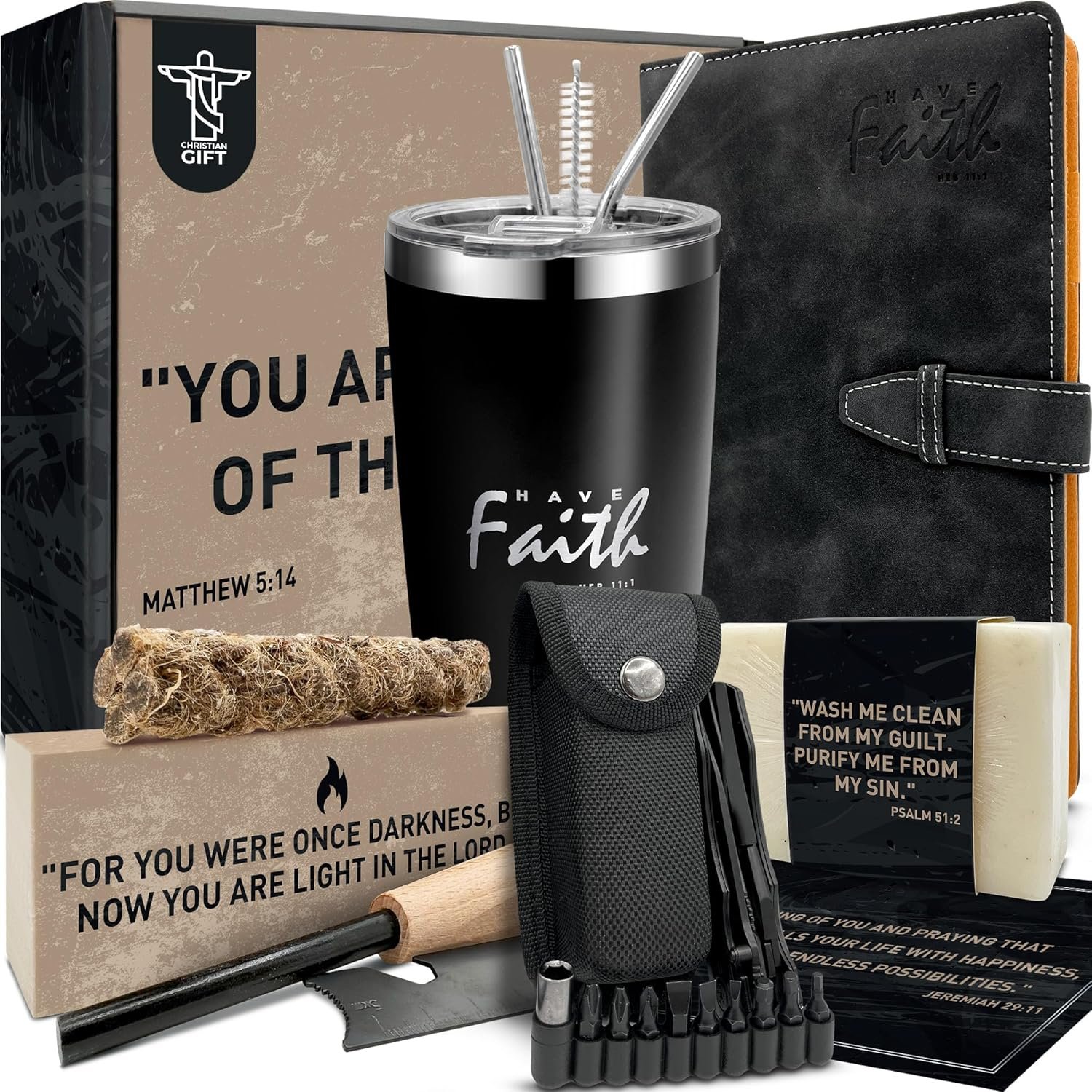 DEHITE Christian Gifts for Men – Religious Gift Basket for Men – Insulated Tumbler – Black Premium Faux Leather Notebook – Multitool Pocket Knife – Christian Gift Box for Father