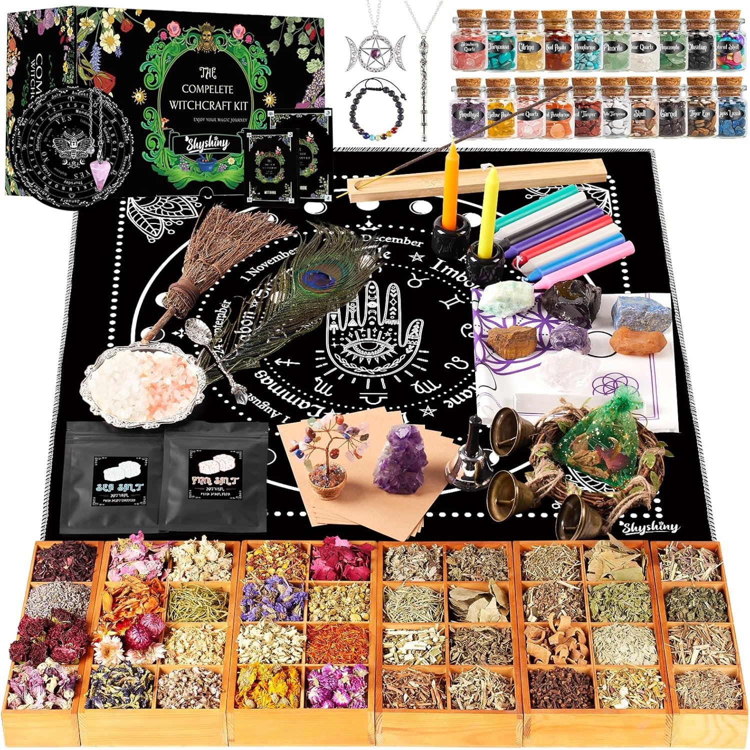 SHYSHINY Witchcraft Supplies Kit, 150Pack Wiccan Supplies and Tools Witchy Gifts for Beginners, Dried Herbs, Crystals, Candles, Green Witch Altar Starter Spell