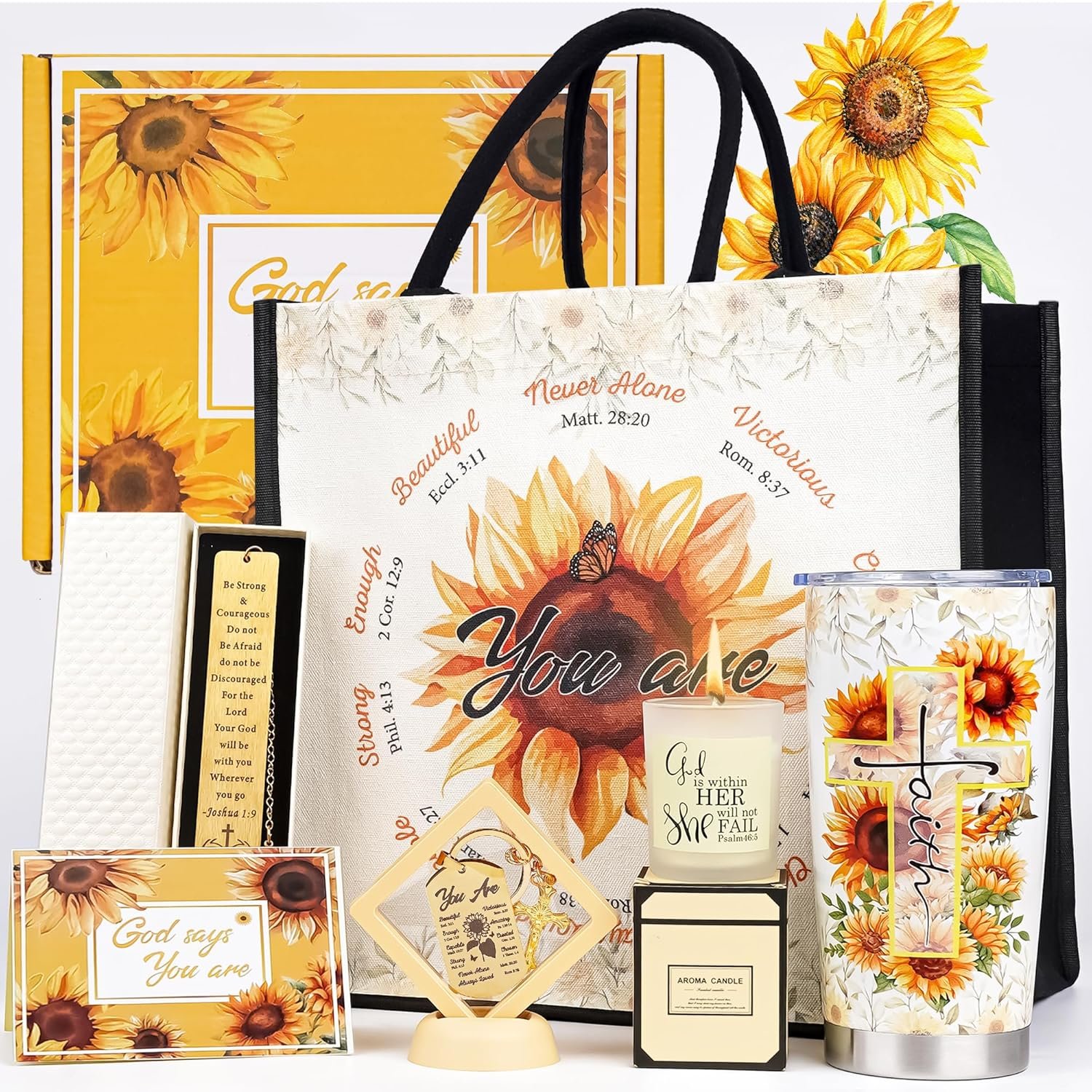 Sunflower Christian Gifts Set for Women – Inspirational Birthday Basket with Faith Theme Tumbler Tote Bag, Encouragement Thank You Present for Mom, Sister, Friends