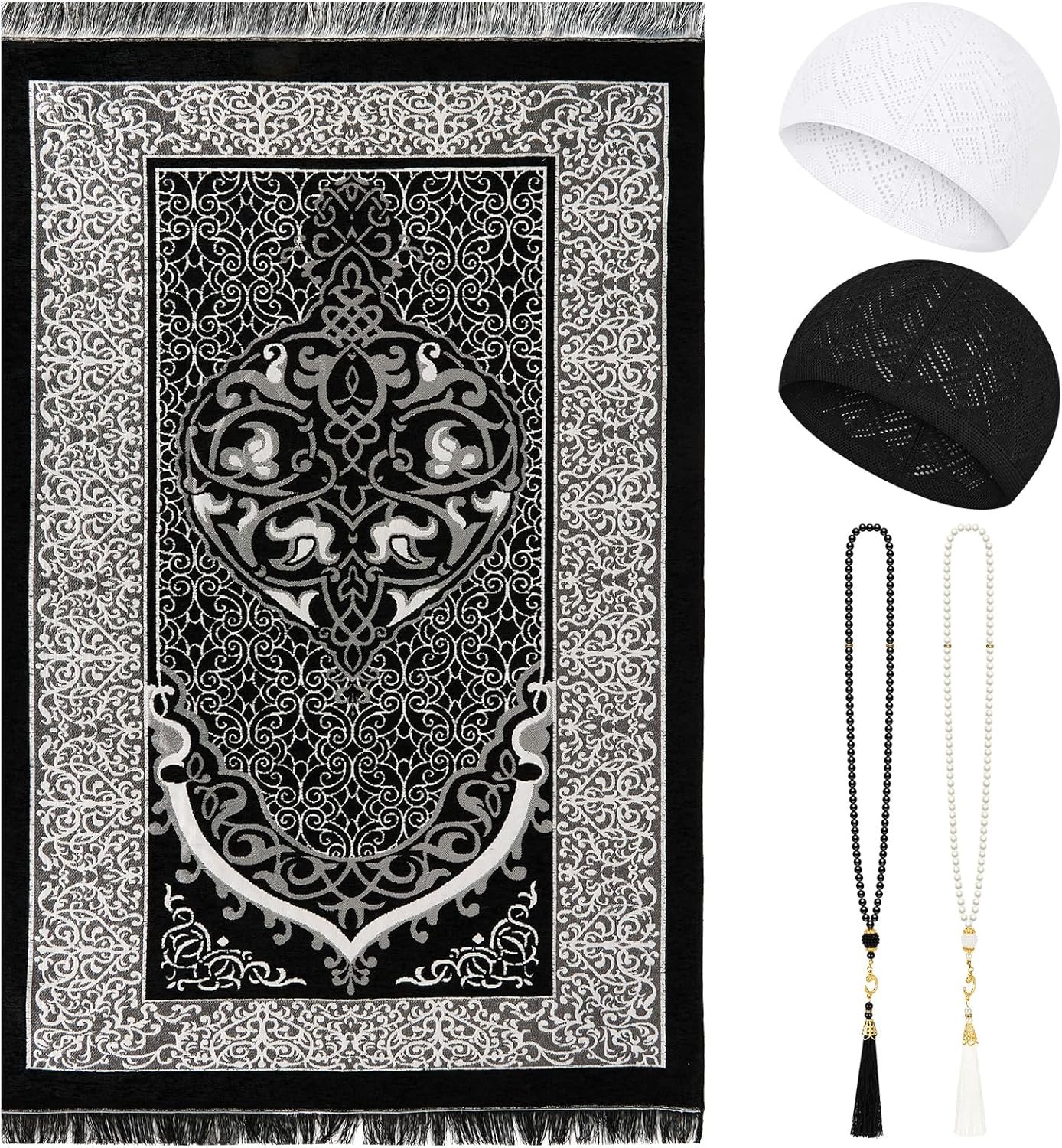 Muslim Prayer Mat Set with Kufi Hat & Tasbih 99 Beads, Portable Islamic Prayer Rug Travel Foldable Sajjadah, Breathable Taqiyah Cap, Ramadan Eid Islamic Gifts for Men Women