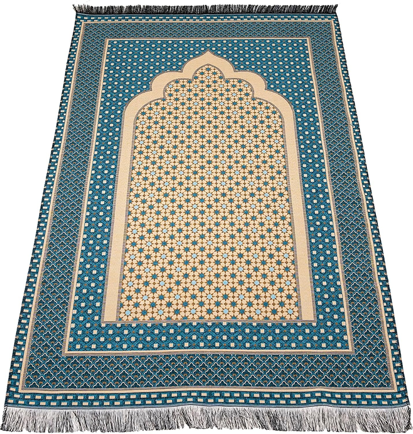Modefa Turkish Islamic Prayer Mat Janamaz Sajjadah | Thin Woven Cotton Praying Rug Ramadan Eid Gift | Traditional Muslim Sejada for Men Women – Hira Diamond (Turquoise Blue)